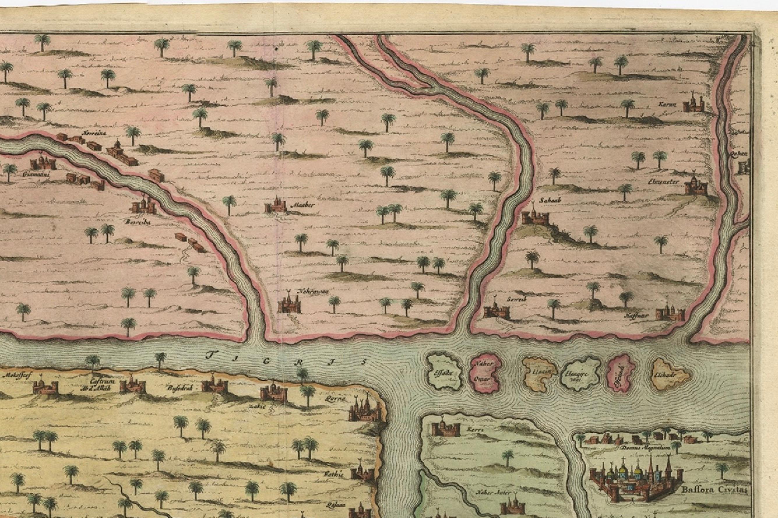 Rare Hand-Colored Antique Map of the Bassora 'Basra' Region in Iraq, 1680 In Good Condition For Sale In Langweer, NL