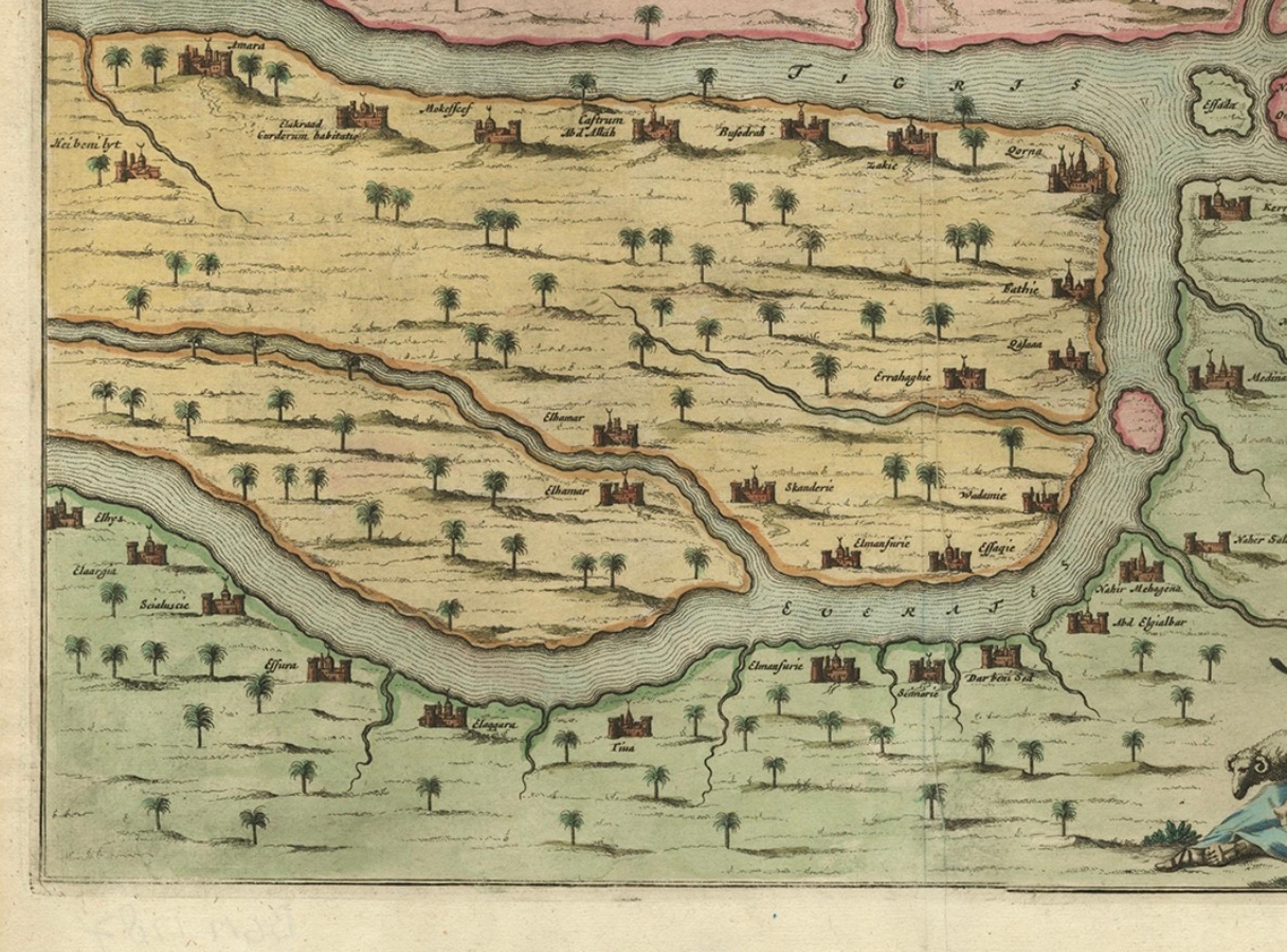 Rare Hand-Colored Antique Map of the Bassora 'Basra' Region in Iraq, 1680 For Sale 1