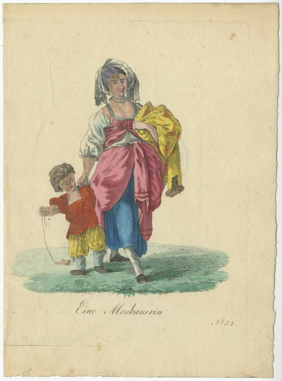 Rare Hand-Colored Engraving of a Lady from Moscow with a Child, Russia, 1805