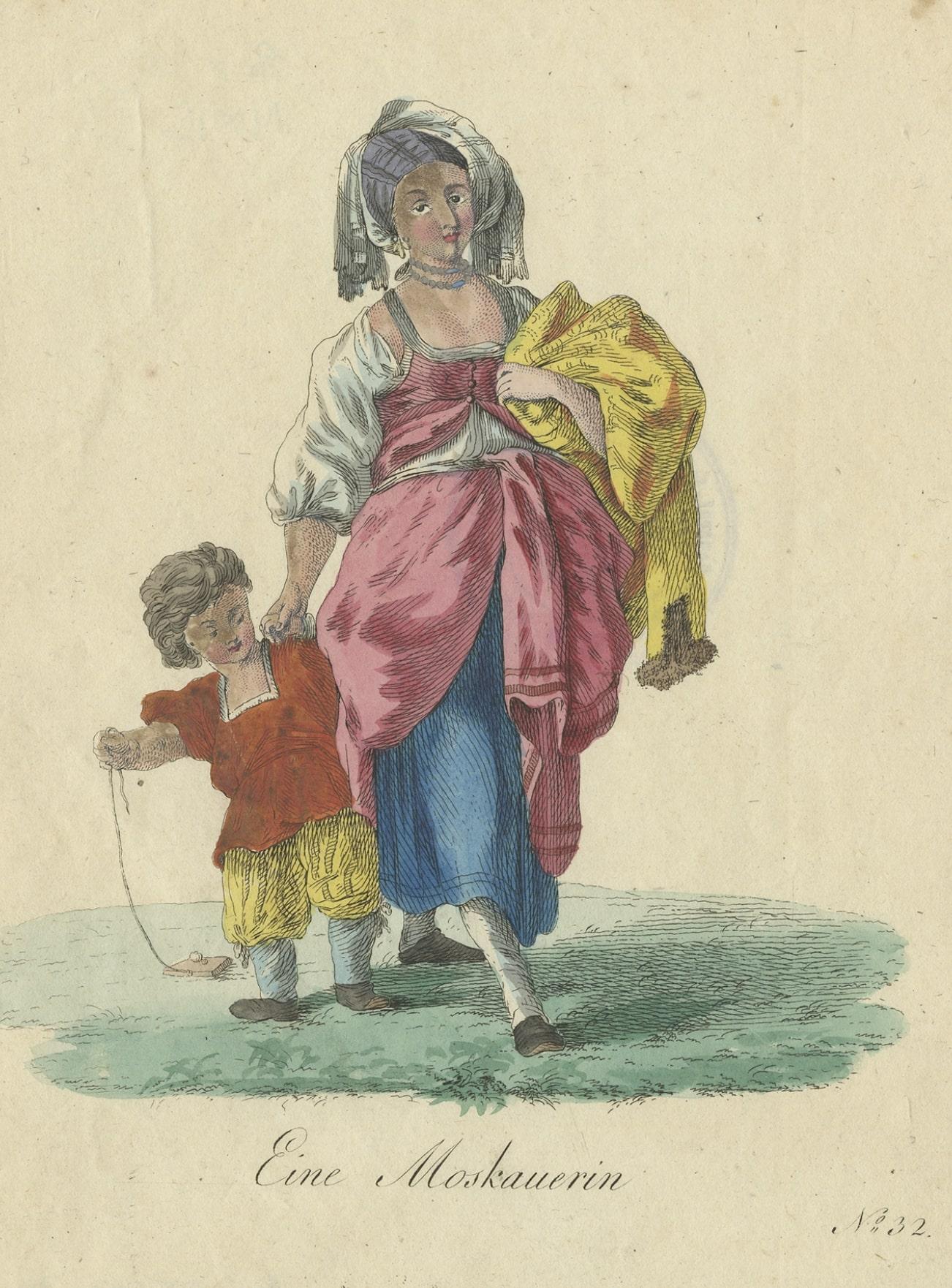 Rare Hand-Colored Engraving of a Lady from Moscow with a Child, Russia, 1805 In Good Condition For Sale In Langweer, NL