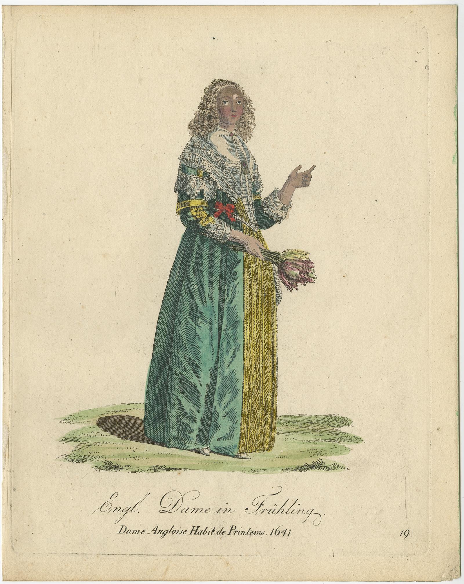 Rare Hand-Colored Engraving of an English Lady, Wearing a Spring Dress, 1805 In Good Condition For Sale In Langweer, NL