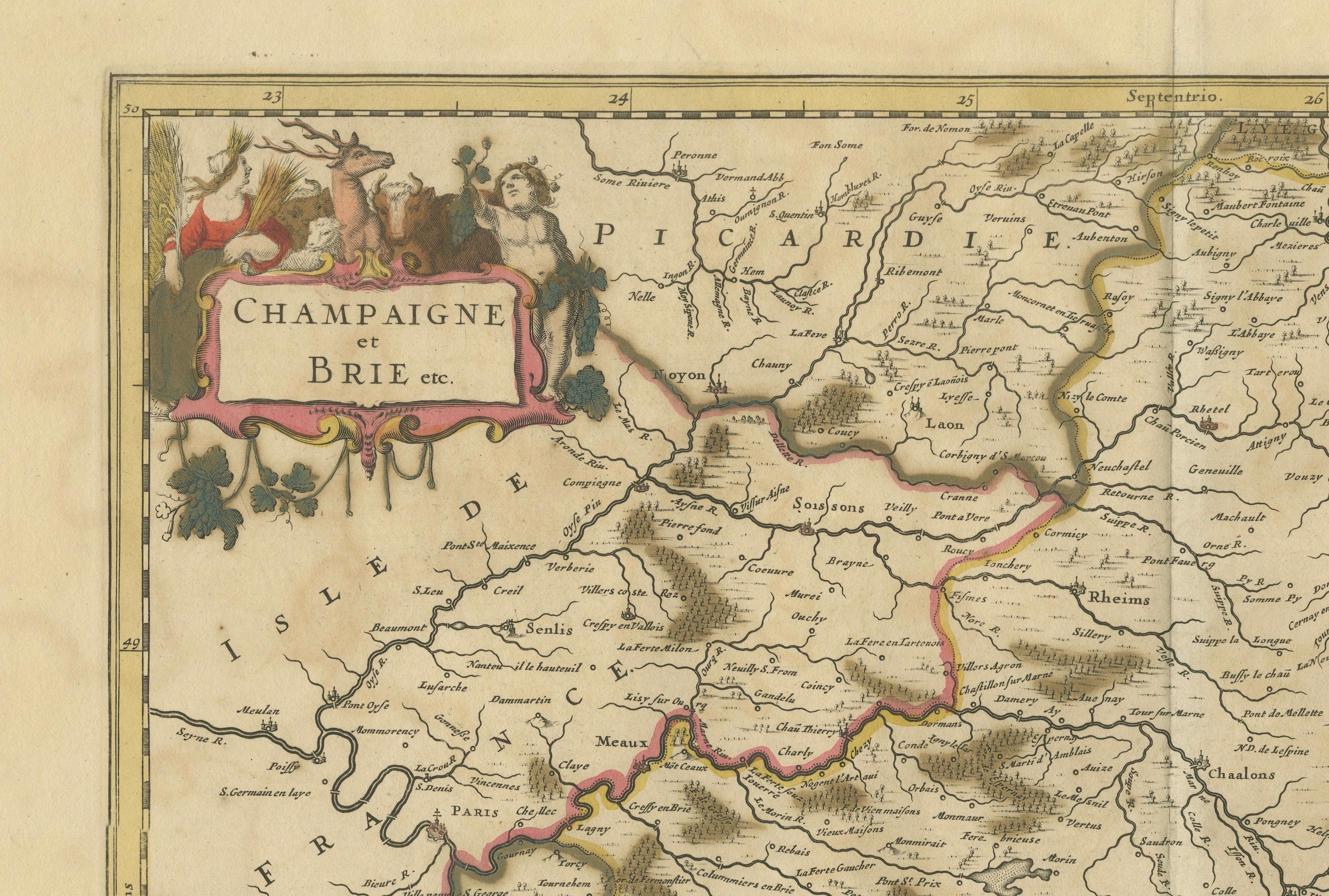 Fin du XVIIe siècle Rare carte colorée à la main de Champagne et Brie, France, par Frederik De Wit, vers 1688 en vente