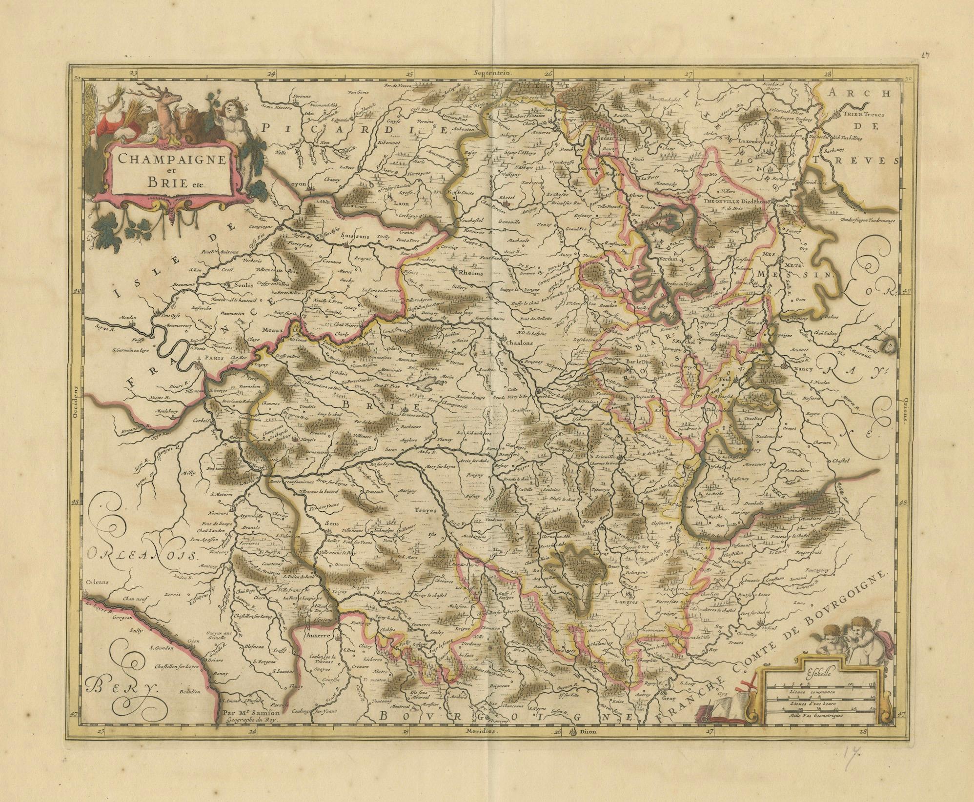 Papier Rare carte colorée à la main de Champagne et Brie, France, par Frederik De Wit, vers 1688 en vente