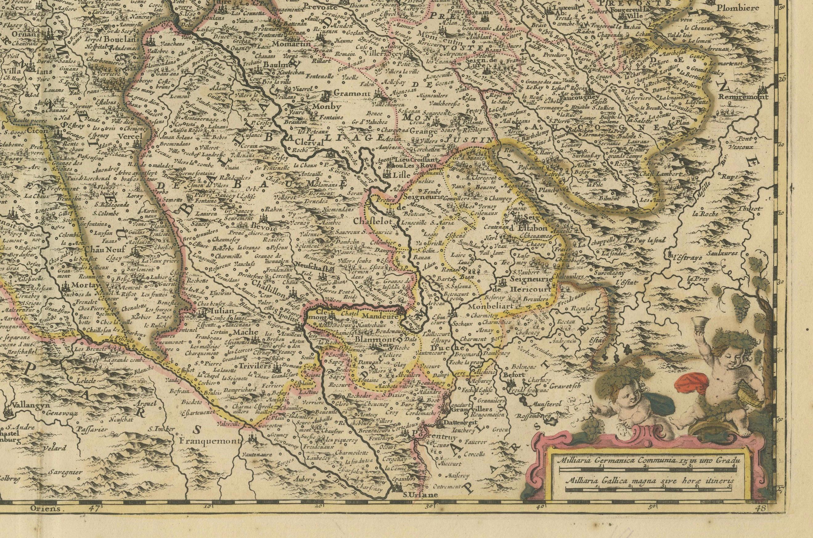 Titre : Rare carte de Franche-Comté et de Bourgogne coloriée à la main par Frederik De Wit c. 1688

Description : Cette superbe carte du XVIIe siècle, intitulée 