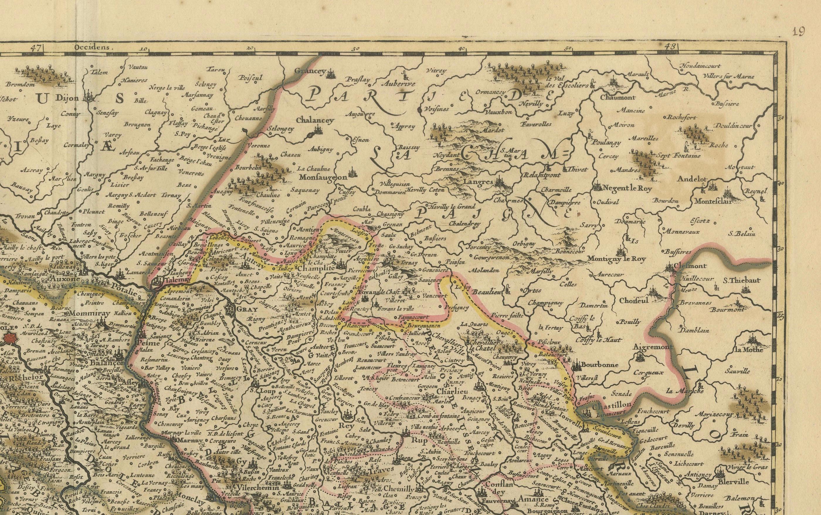 Gravé Rare carte de Franche-Comté et de Bourgogne coloriée à la main par Frederik De Wit c. 1688 en vente