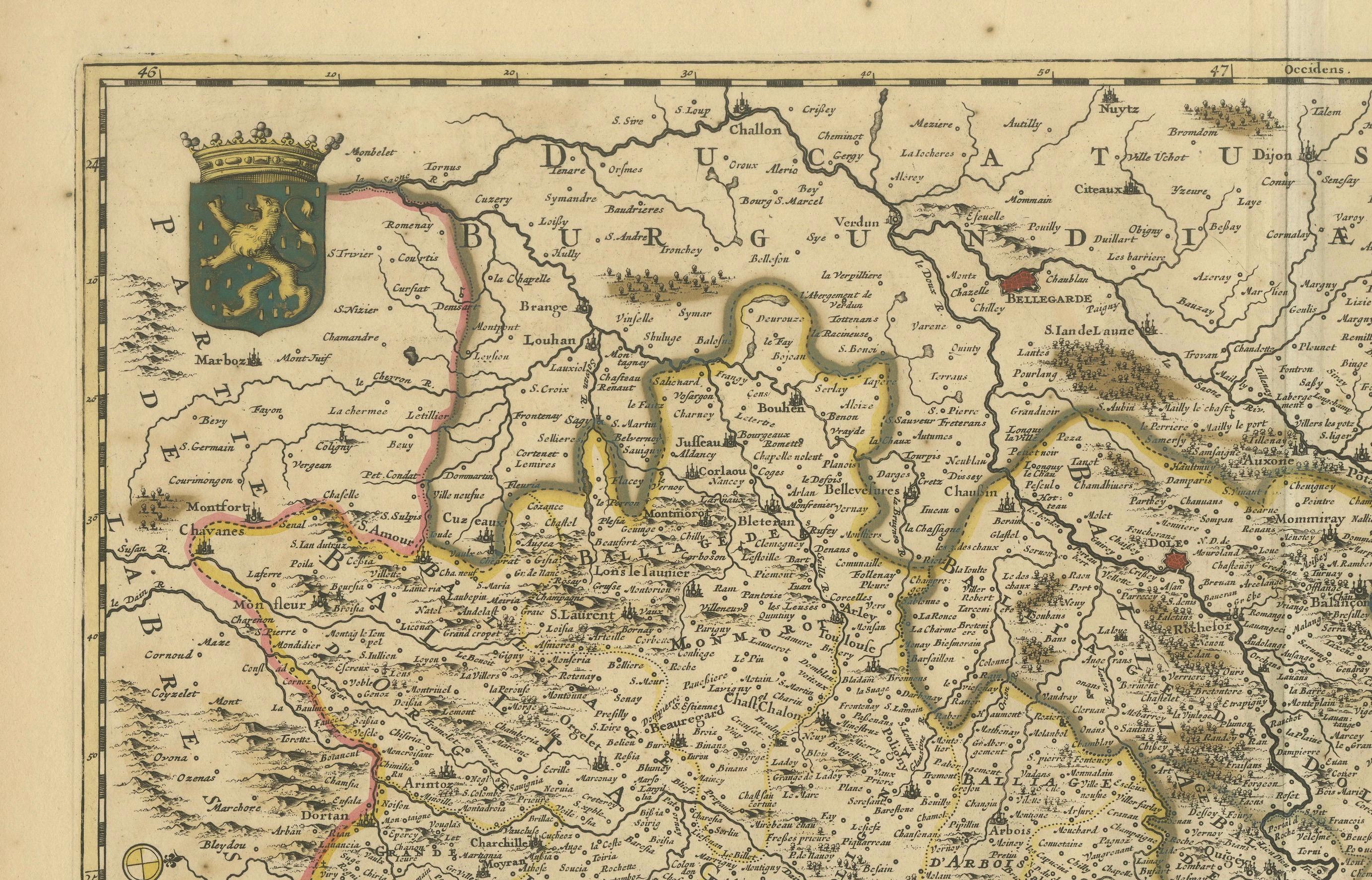 Rare carte de Franche-Comté et de Bourgogne coloriée à la main par Frederik De Wit c. 1688 Bon état - En vente à Langweer, NL