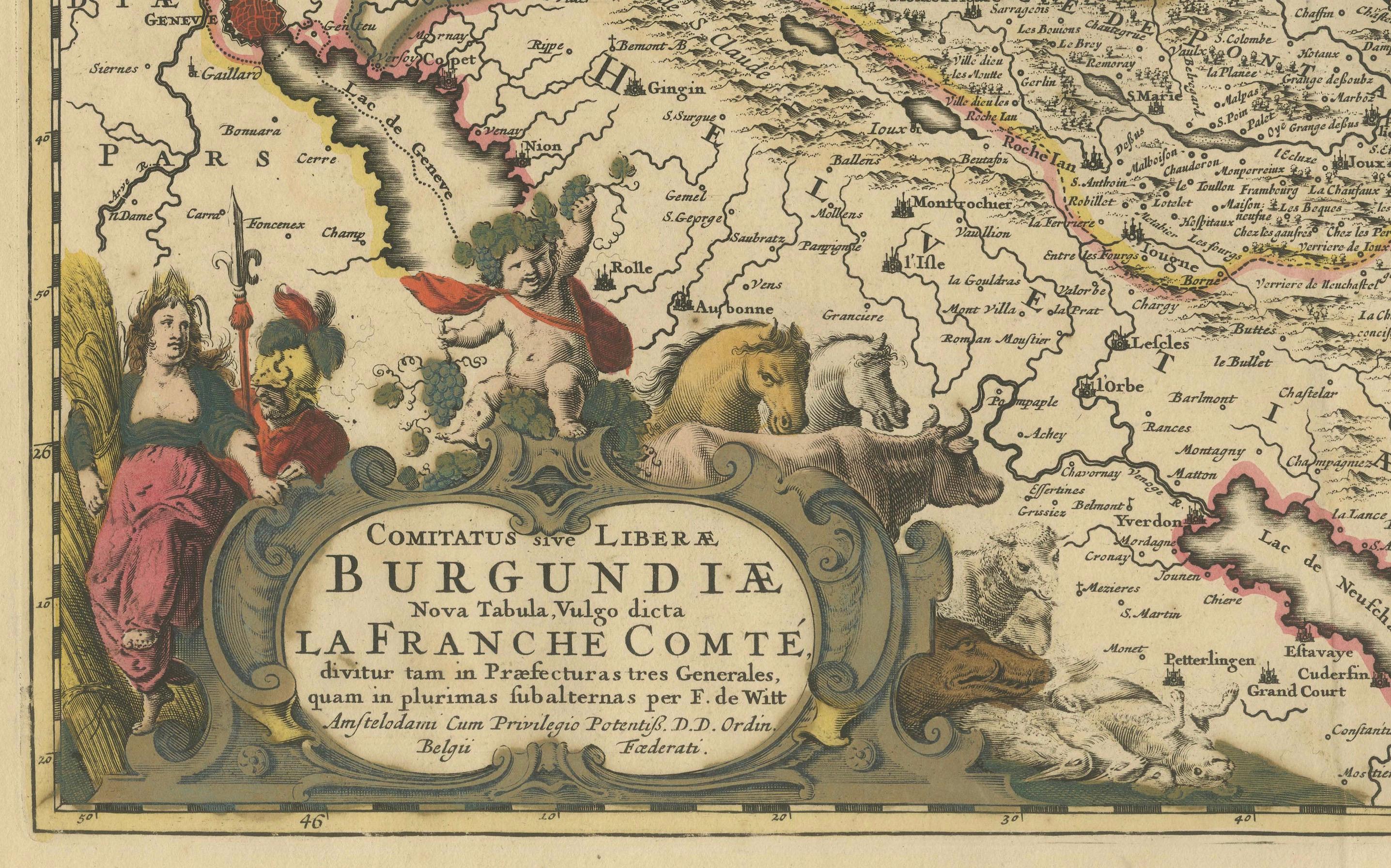 Fin du XVIIe siècle Rare carte de Franche-Comté et de Bourgogne coloriée à la main par Frederik De Wit c. 1688 en vente