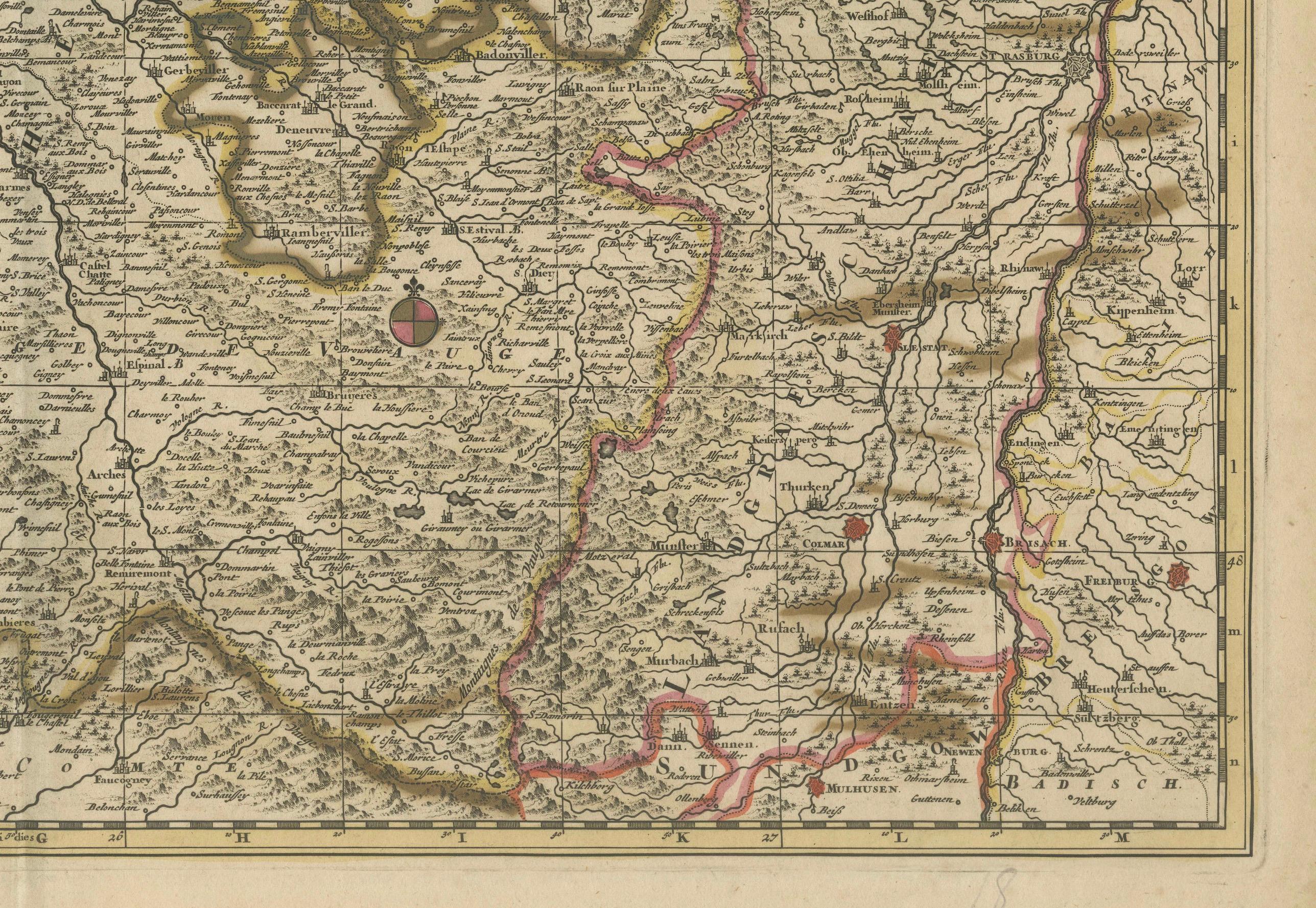 Titre : Rare carte de la Lorraine et du Barrois coloriée à la main par Frederik De Wit c. 1688

Description : Cette remarquable carte du XVIIe siècle, intitulée 
