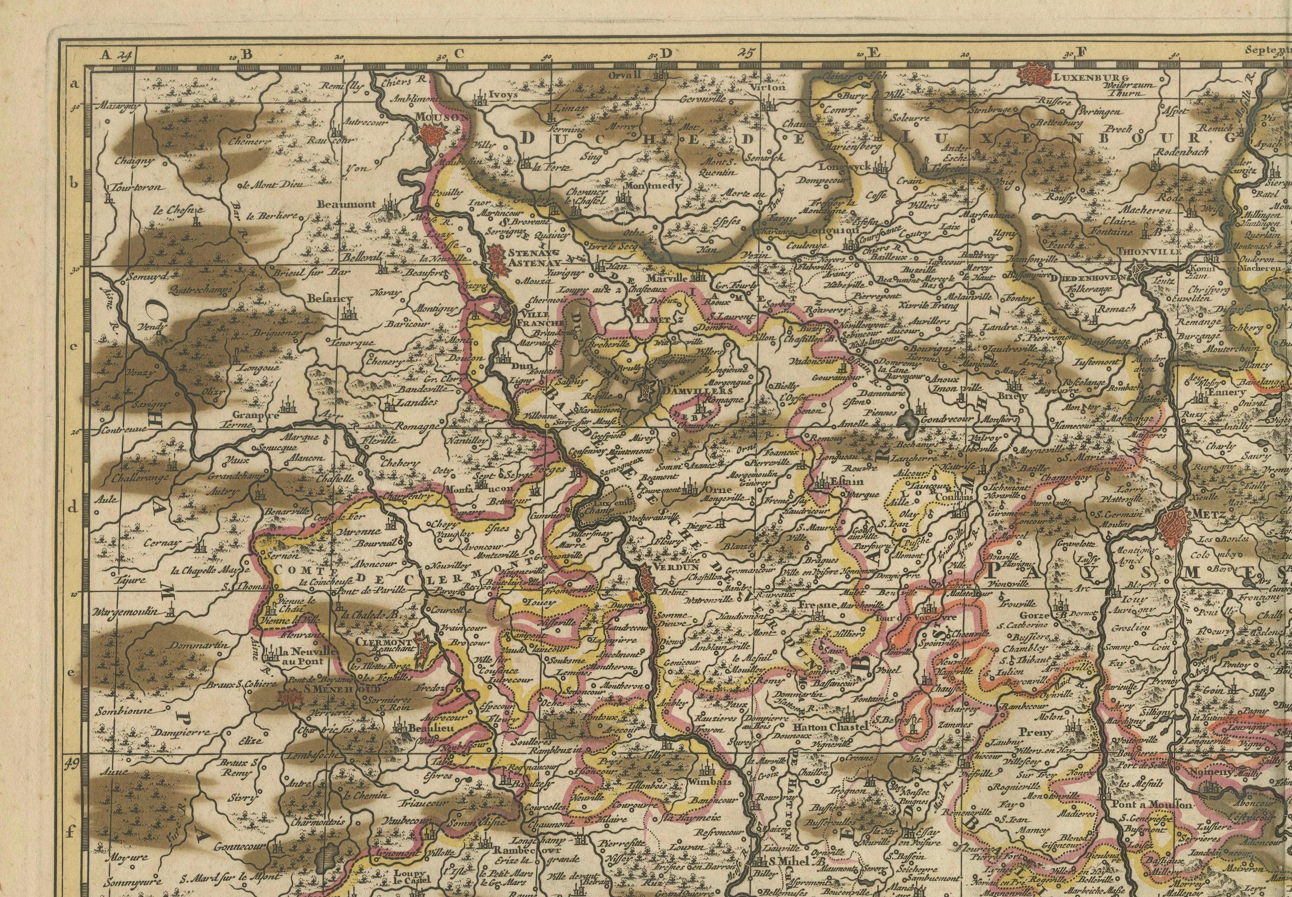 Gravé Rare carte colorée à la main de Lorraine et Barrois, France par Frederik De Wit, vers 1688 en vente