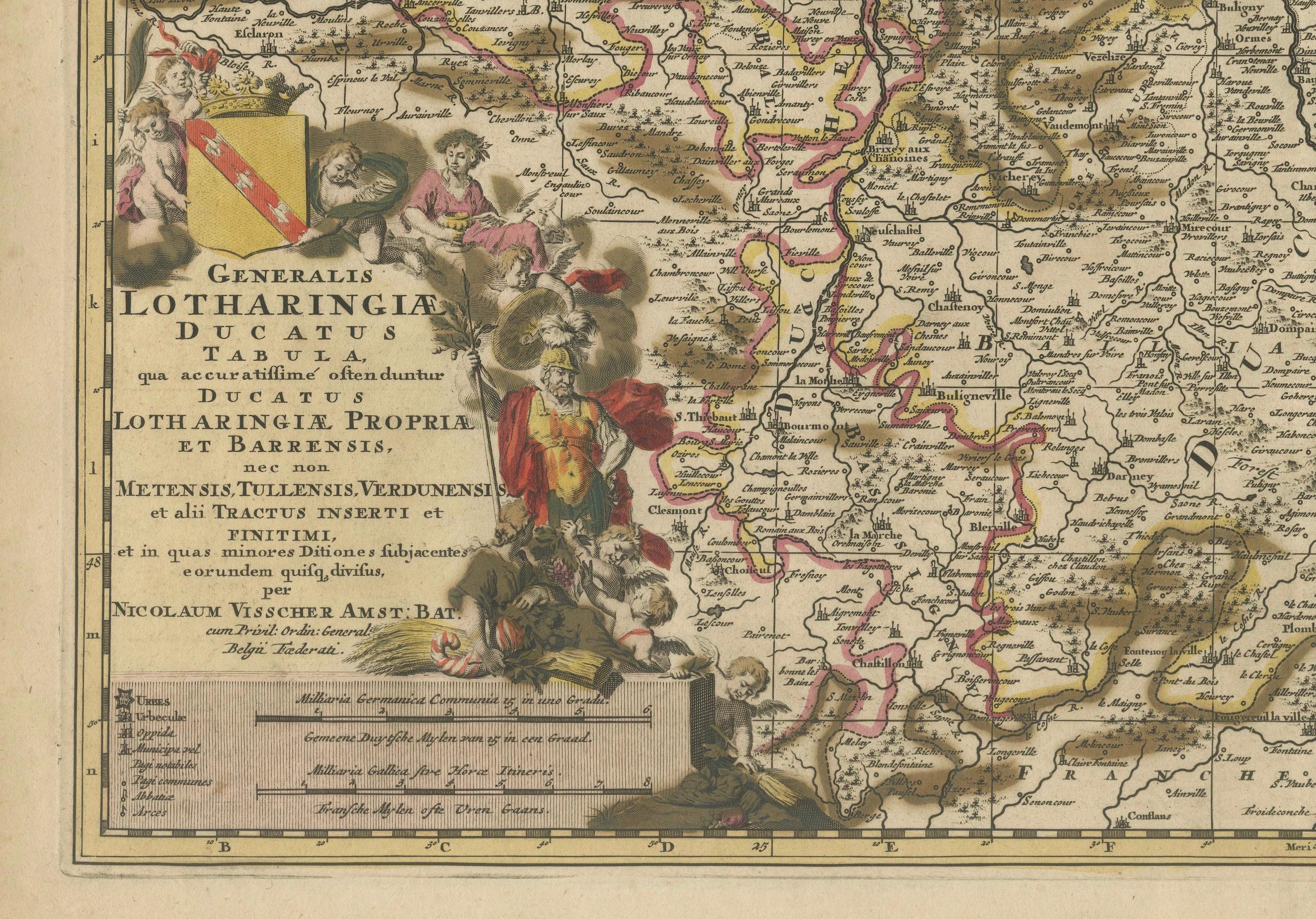 Rare carte colorée à la main de Lorraine et Barrois, France par Frederik De Wit, vers 1688 Bon état - En vente à Langweer, NL