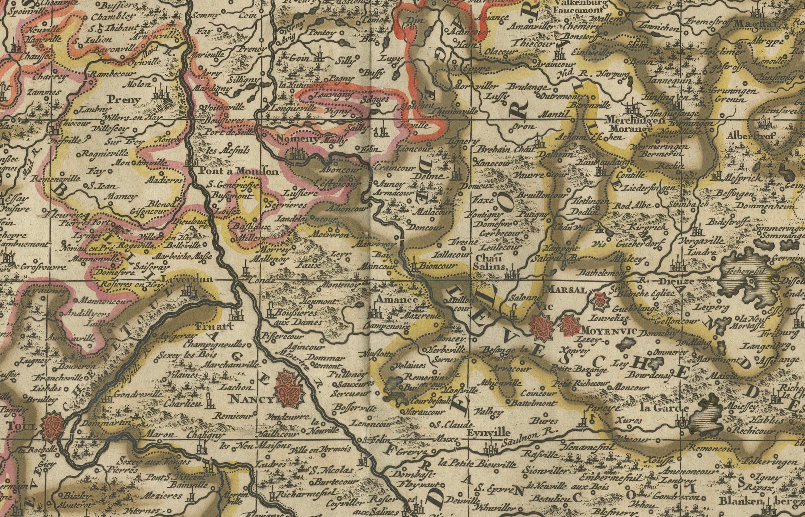 Fin du XVIIe siècle Rare carte colorée à la main de Lorraine et Barrois, France par Frederik De Wit, vers 1688 en vente