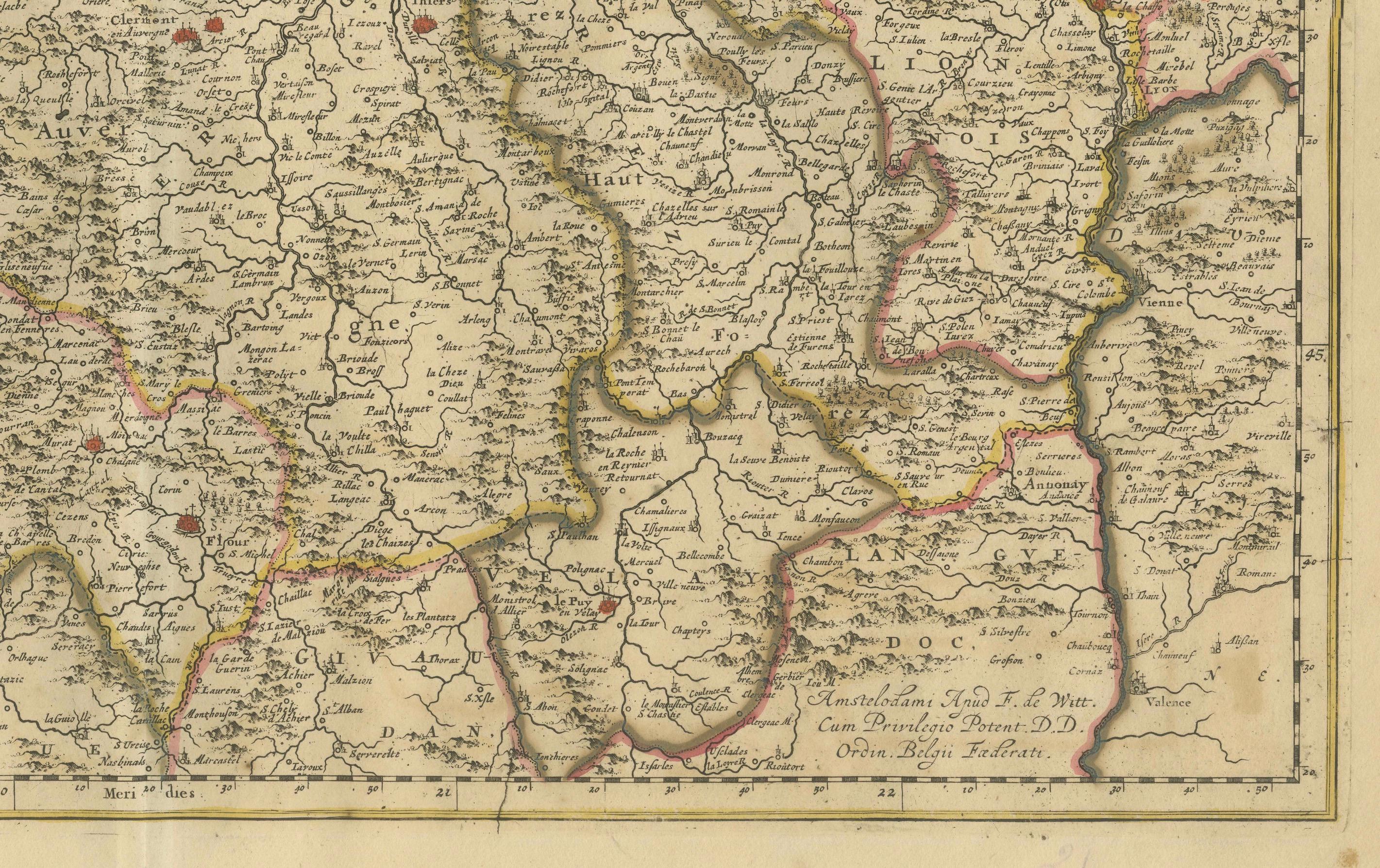 Rare carte colorée à la main de la région de Lyonnais en France par Frederik De Wit vers 1688 Bon état - En vente à Langweer, NL