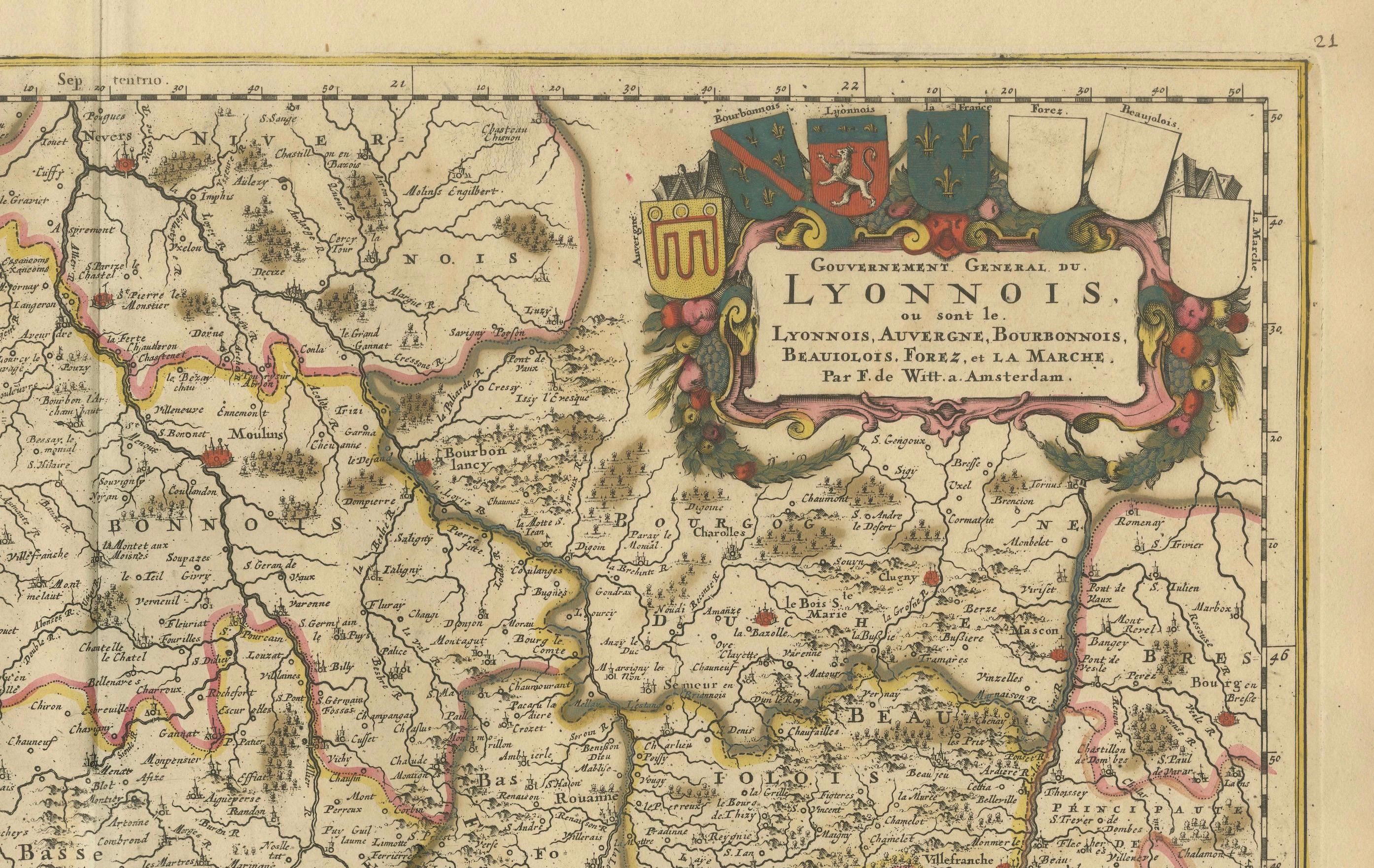 Fin du XVIIe siècle Rare carte colorée à la main de la région de Lyonnais en France par Frederik De Wit vers 1688 en vente