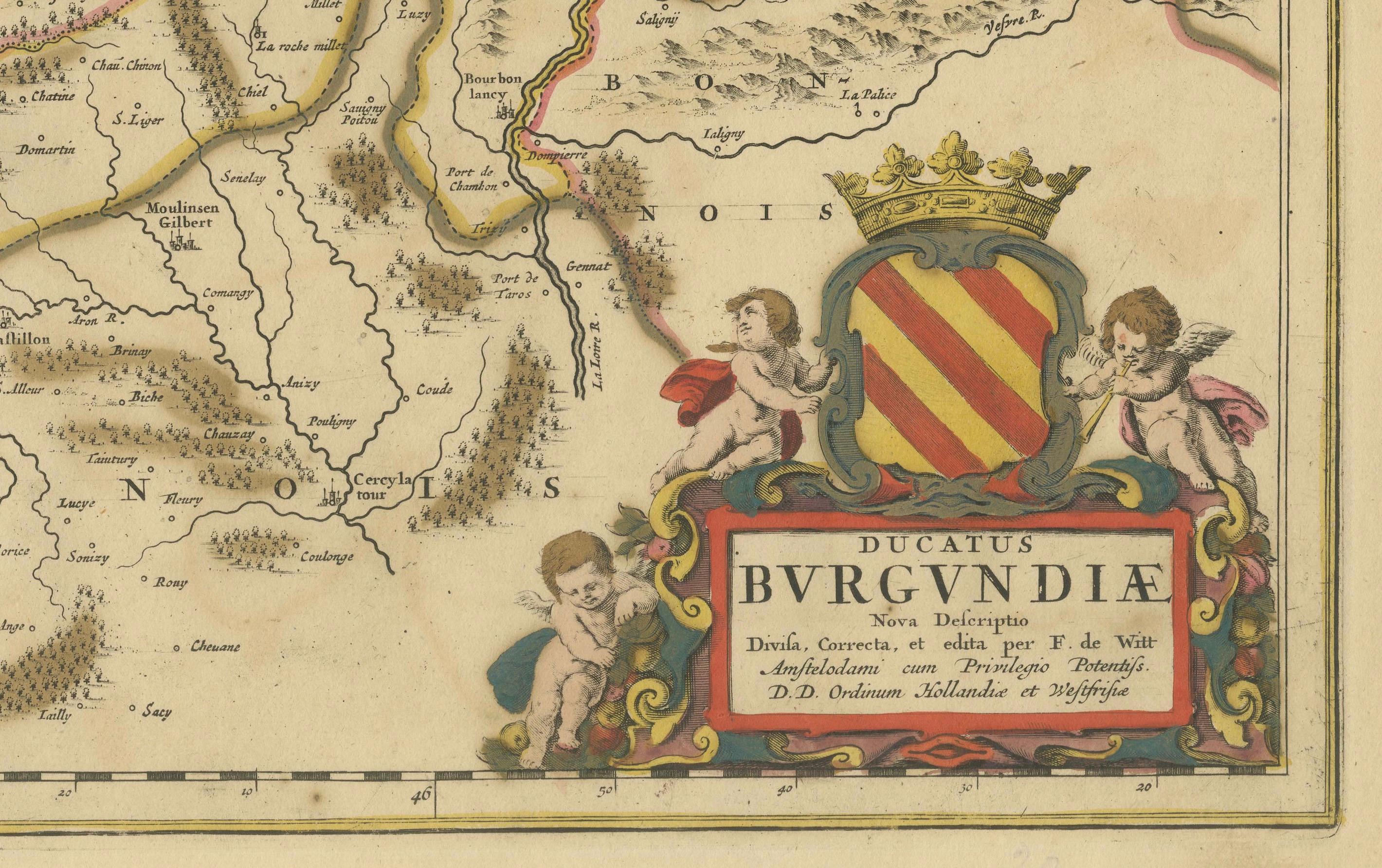 Rare Hand-Colored Map of of the Wine Region Burgundy in France by De Wit, c.1688 In Good Condition For Sale In Langweer, NL