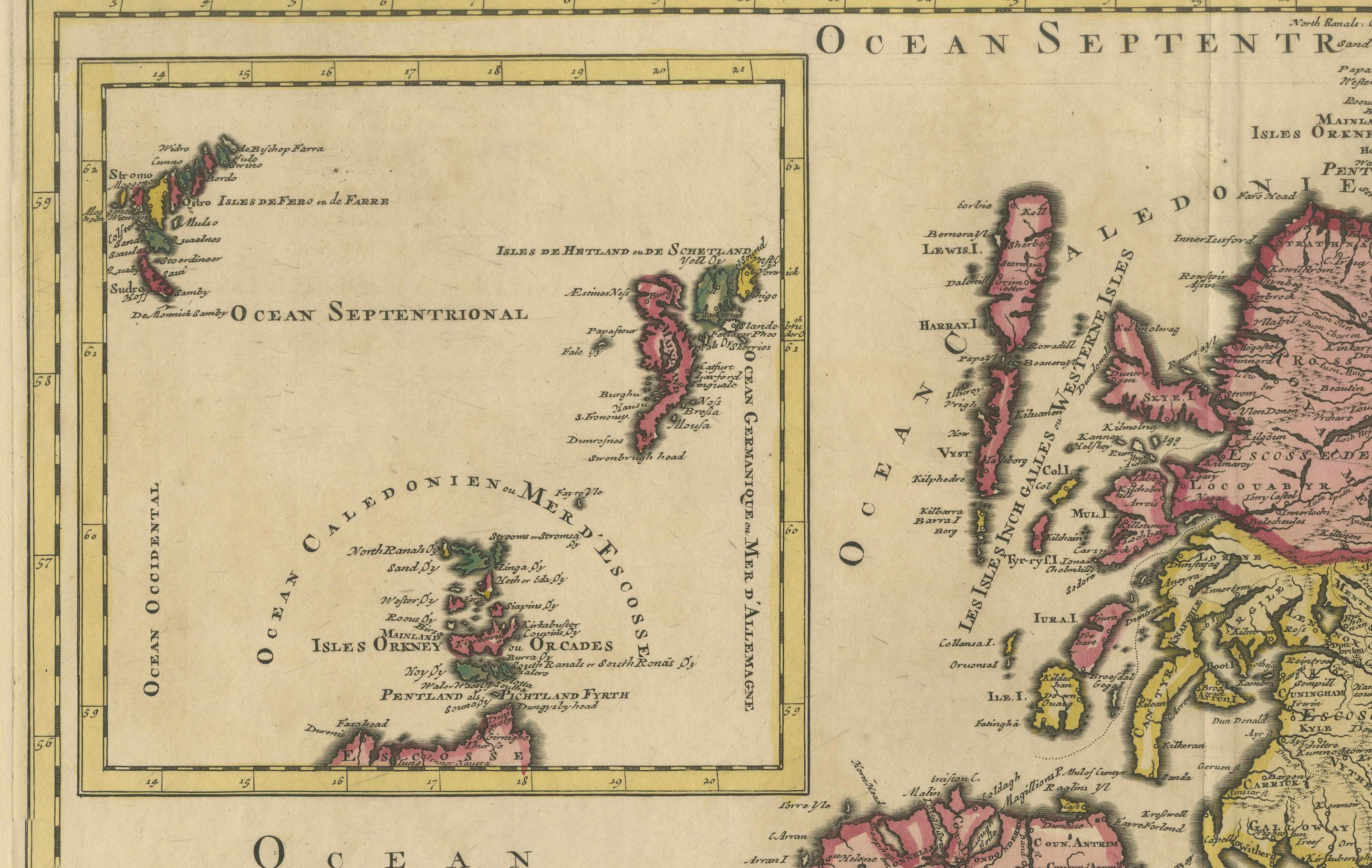 Map of the British Isles by Gerard Valk circa 1700 – Hand-Colored Engraving

This elegant copperplate engraving titled *Les Isles Britanniques, qui contiennent les Royaumes d'Angleterre, Escosse et Irlande* was created by Gerard Valk around 1700 in