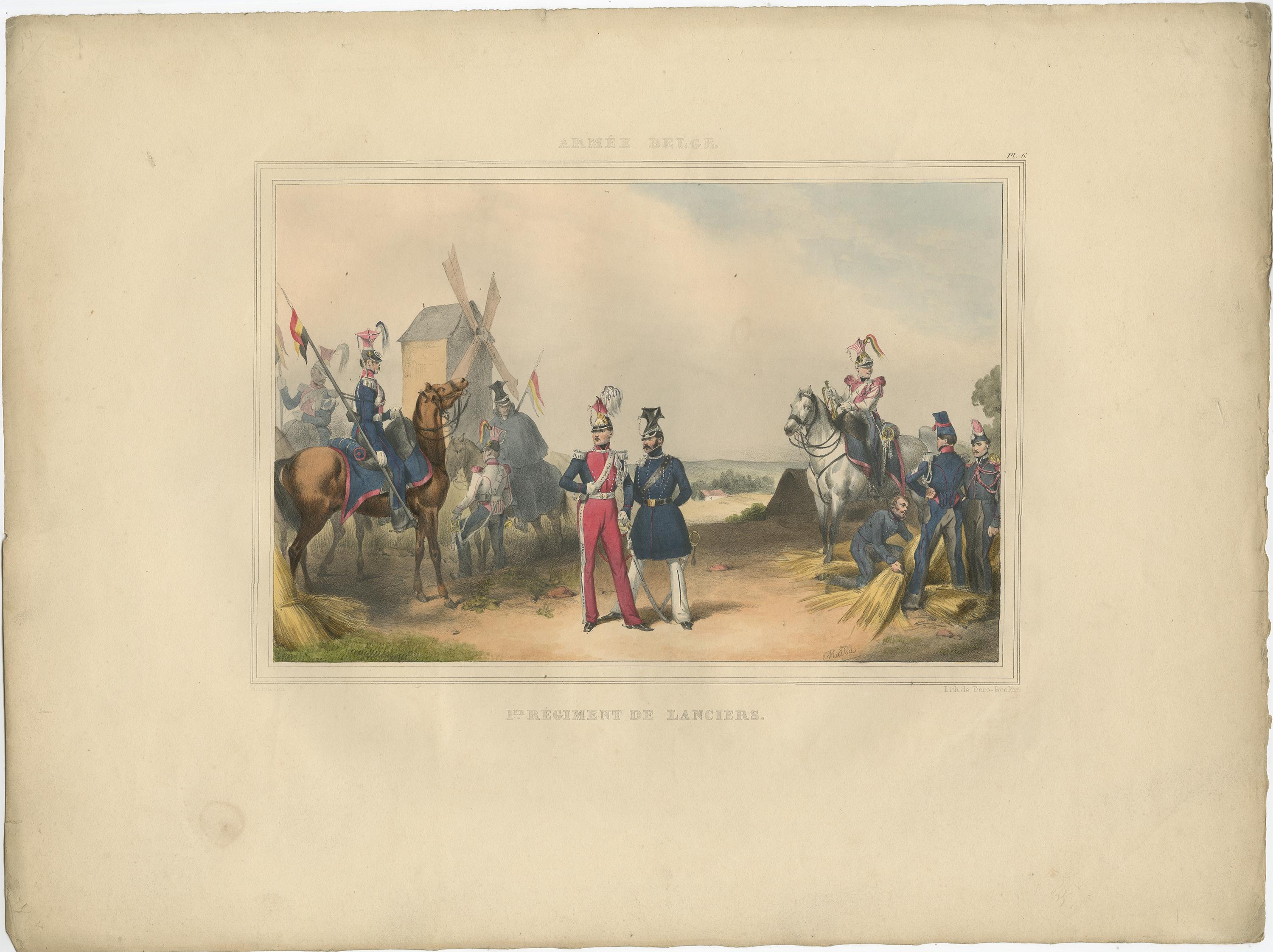 Une belle épreuve coloriée à la main d'une série originale de 23 planches, montrant des officiers et des soldats au repos, publiée en 1833. Rare.

D'une série de belles planches lithographiées avec des costumes militaires belges d'après Madou et