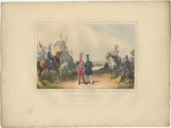 Rare estampe coloriée à la main représentant un régiment de l'armée belge près d'un moulin à vent, 1833