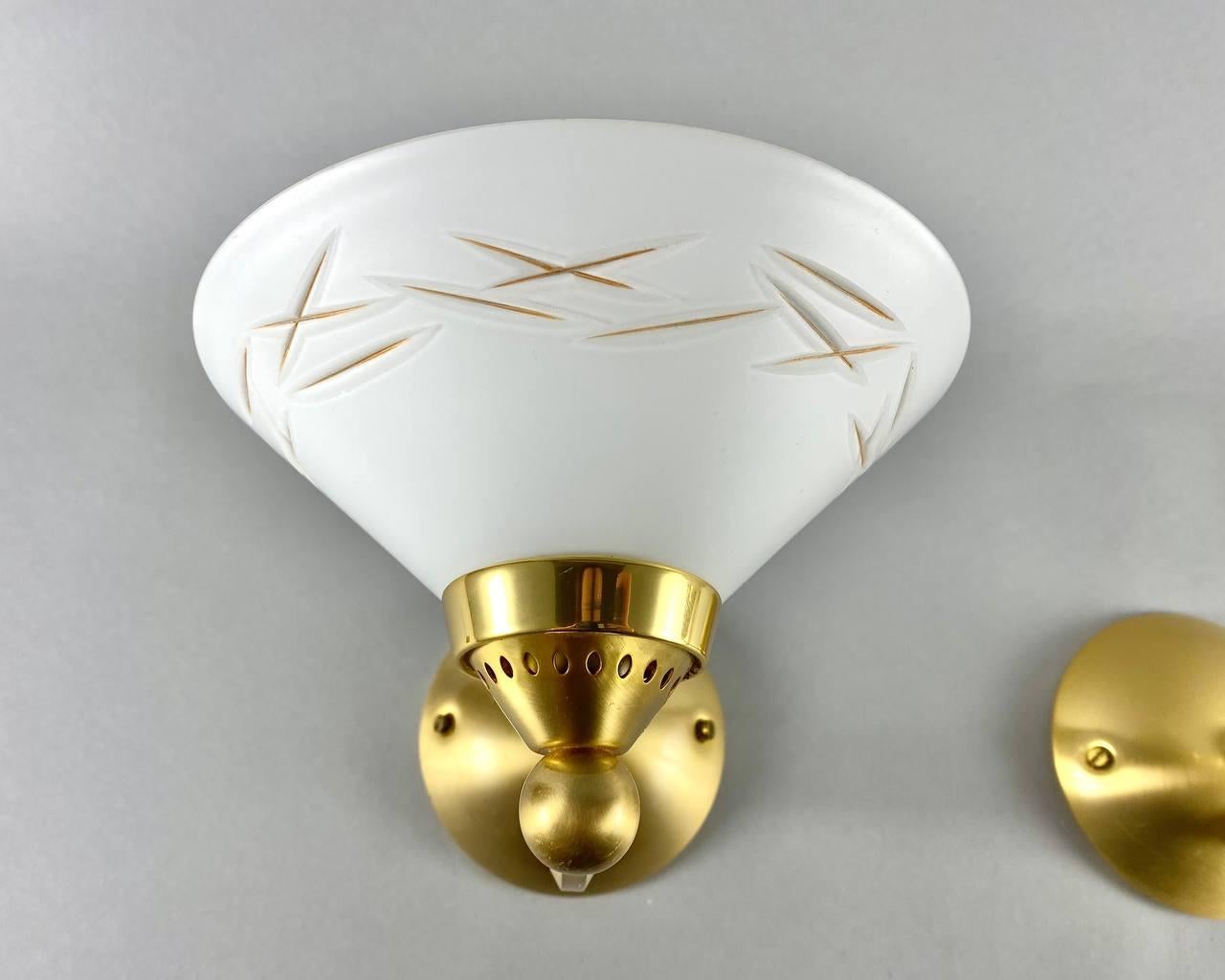 Brass Rare Hand-Crafted and Mouth Blown Glass Set Of Wall Sconces, Bankamp, Germany For Sale