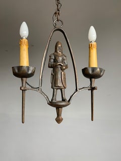 Rare & Handcrafted Gothic Revival Bronzed Metal Knight with Sword Pendant Light