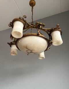 Rare Hand-Forged Gilt Wrought Iron Chandelier w. Alabaster Shades att Ferro Art