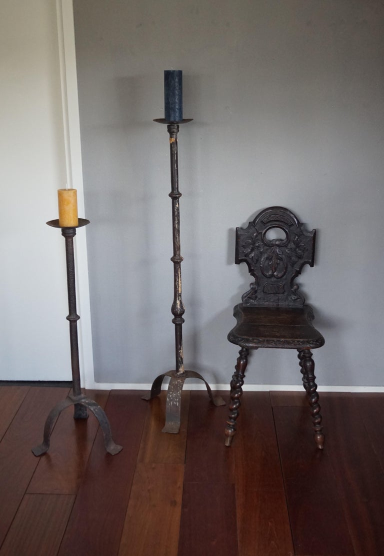 Rare Hand Pair of 19th Century Wrought Iron Candlesticks