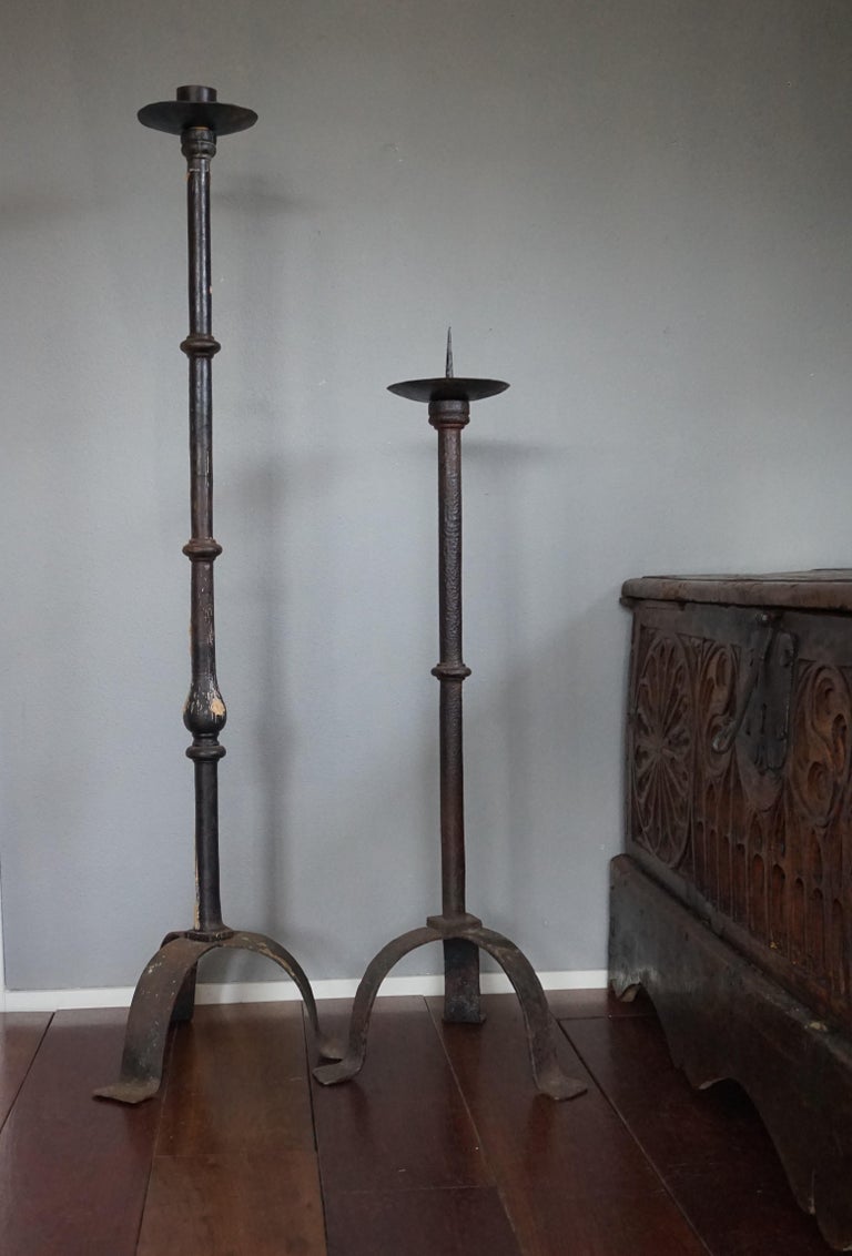 Rare Hand Pair of 19th Century Wrought Iron Candlesticks