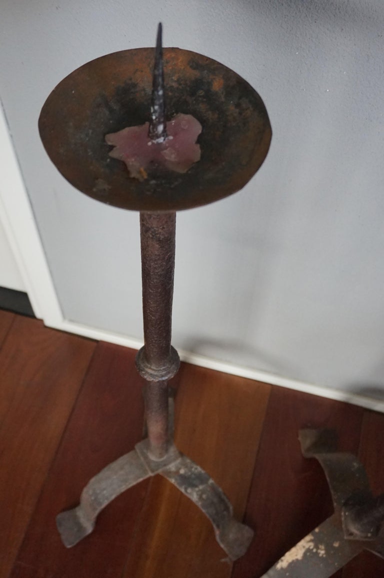 Rare Hand Pair of 19th Century Wrought Iron Candlesticks