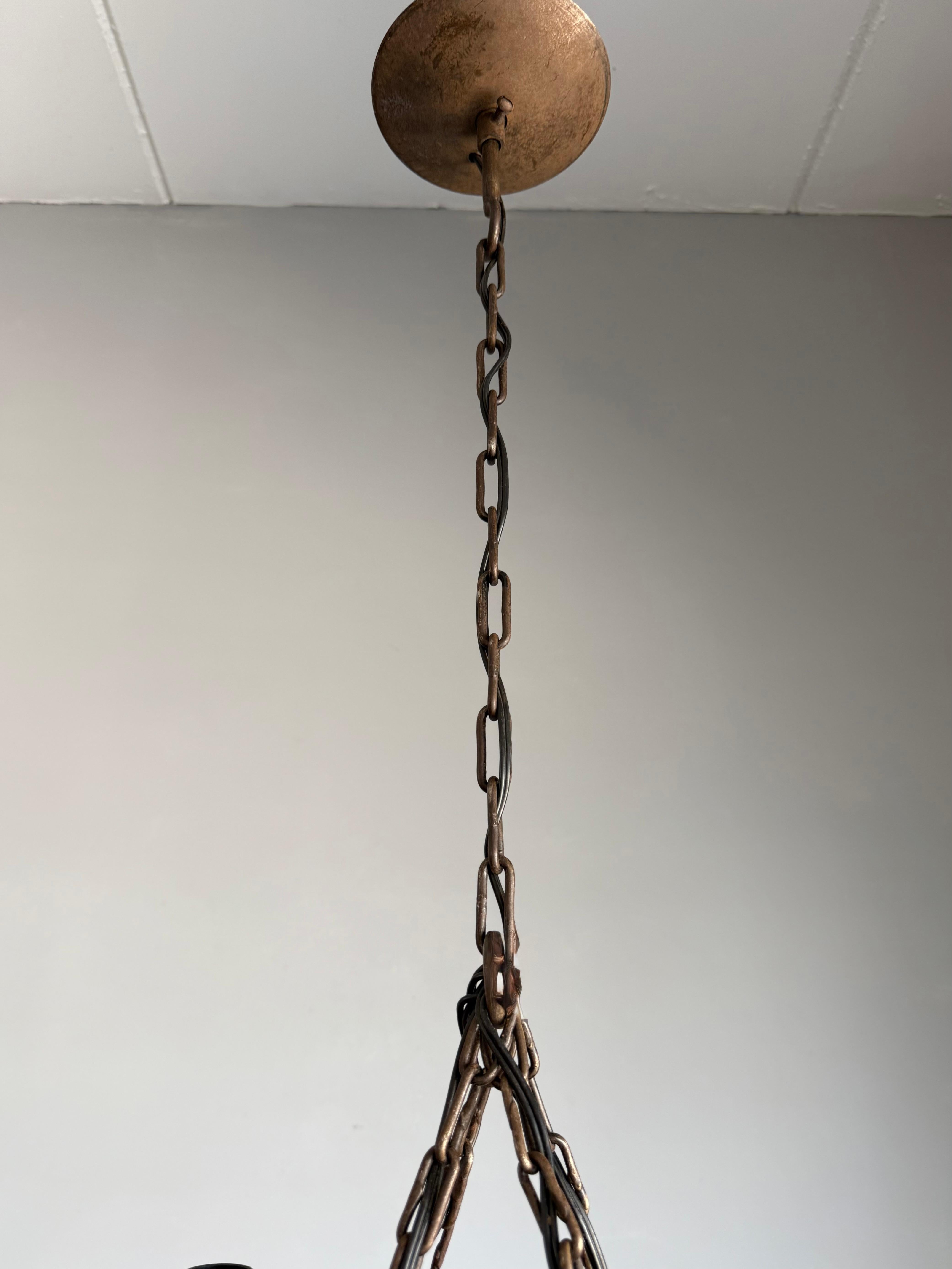 Rare Hand-Forged Wrought Iron 4-Light Chandelier with Sculptural Curl Detailing For Sale 4