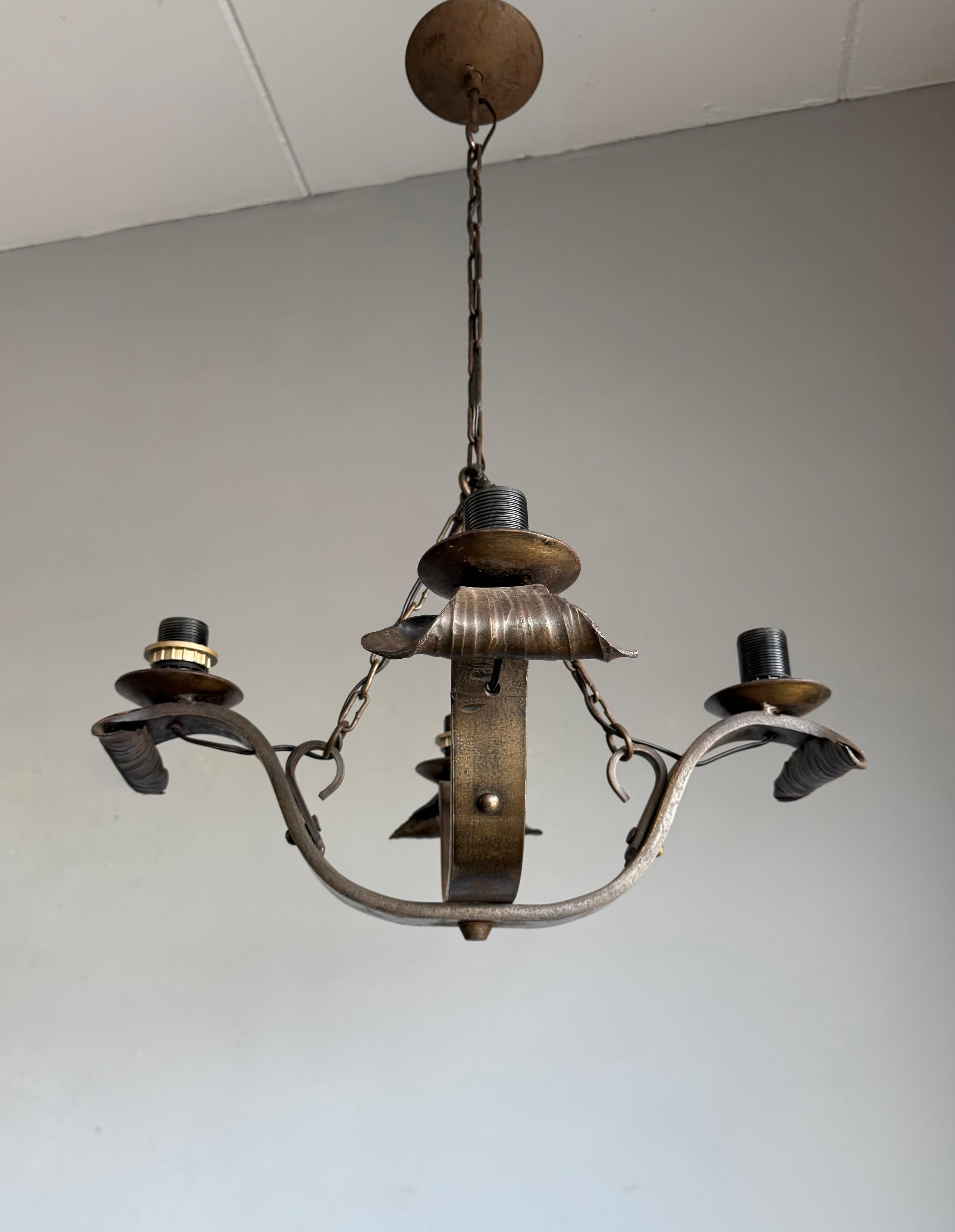 Rare Hand-Forged Wrought Iron 4-Light Chandelier with Sculptural Curl Detailing For Sale 5