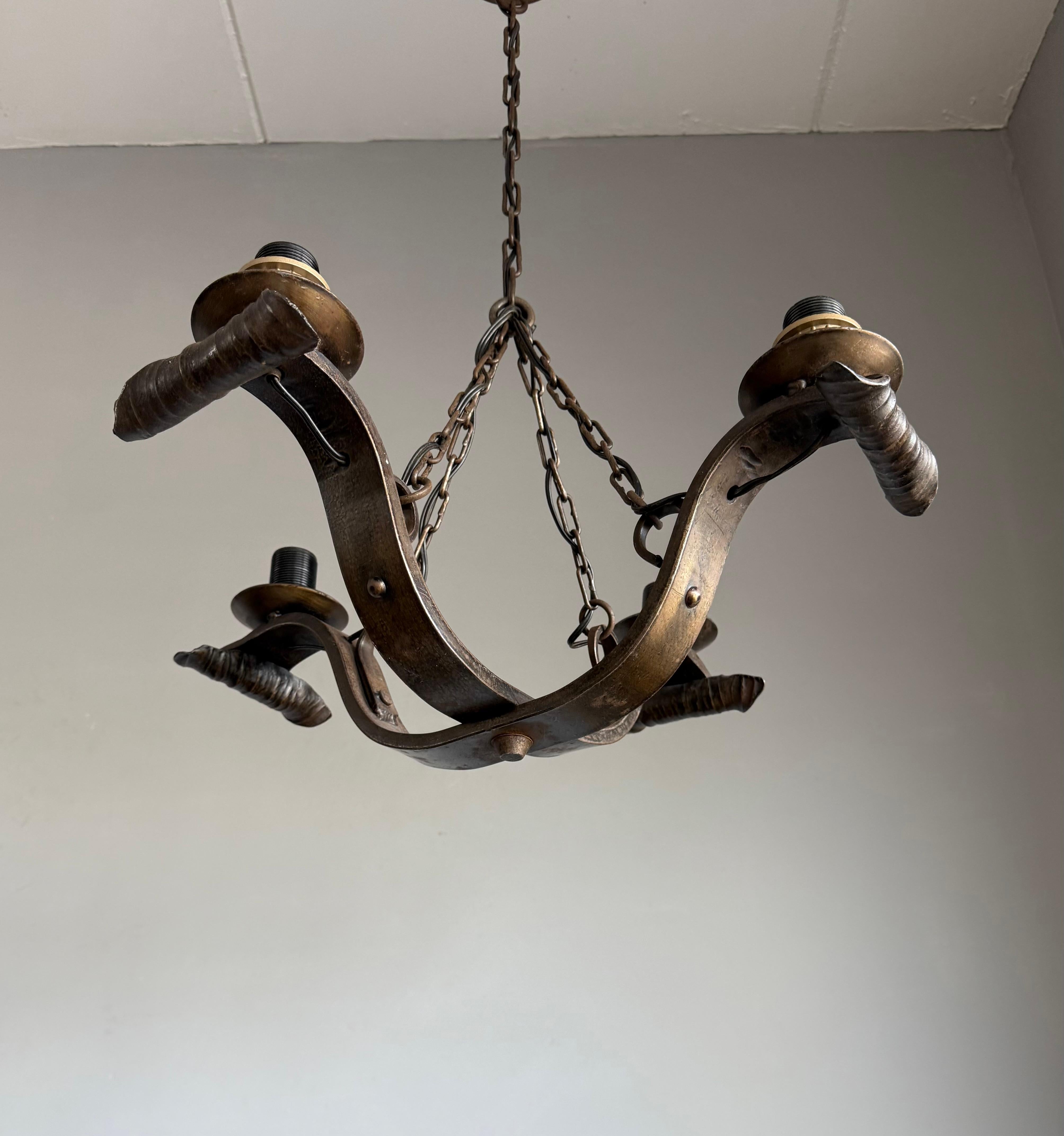 Rare Hand-Forged Wrought Iron 4-Light Chandelier with Sculptural Curl Detailing For Sale 7