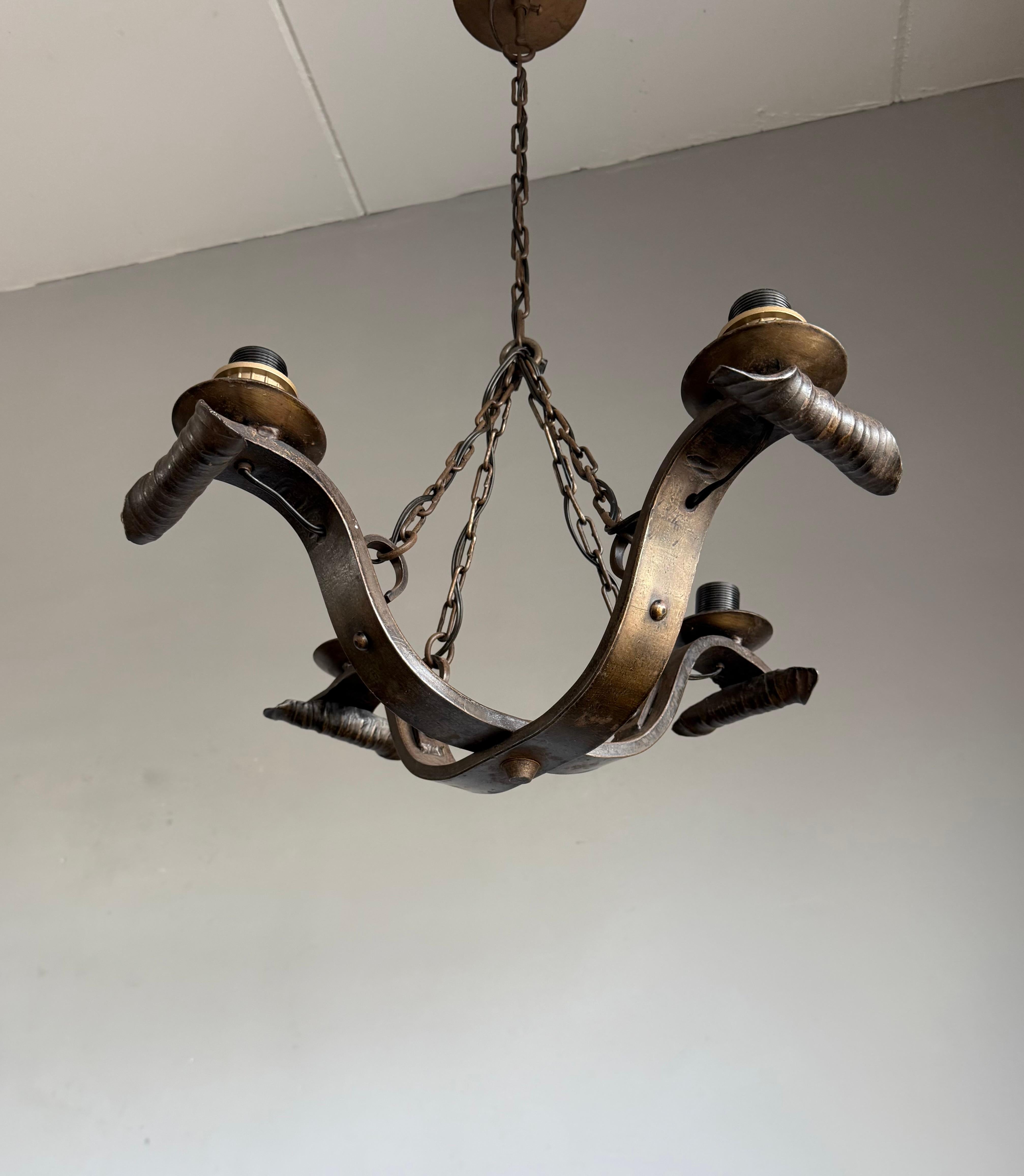 Rare Hand-Forged Wrought Iron 4-Light Chandelier with Sculptural Curl Detailing For Sale 8
