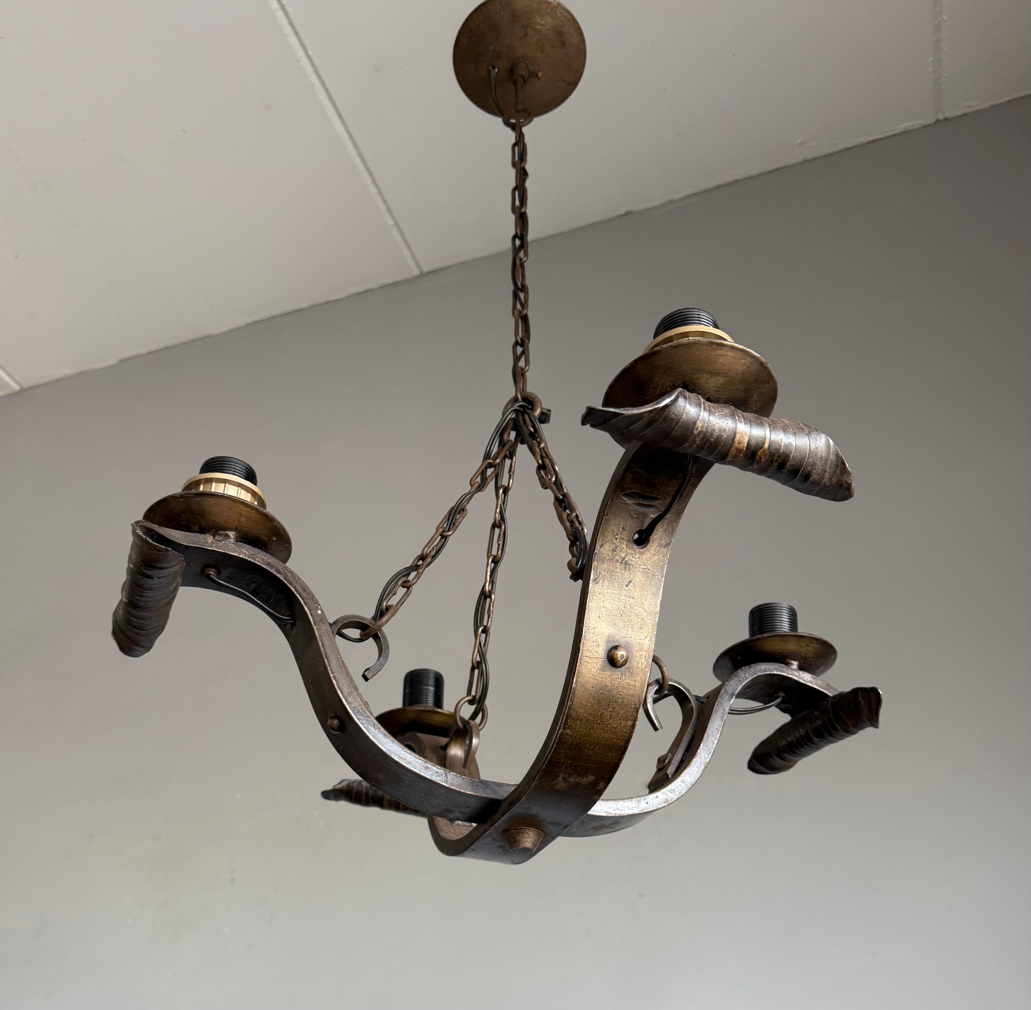 Rare Hand-Forged Wrought Iron 4-Light Chandelier with Sculptural Curl Detailing For Sale 9
