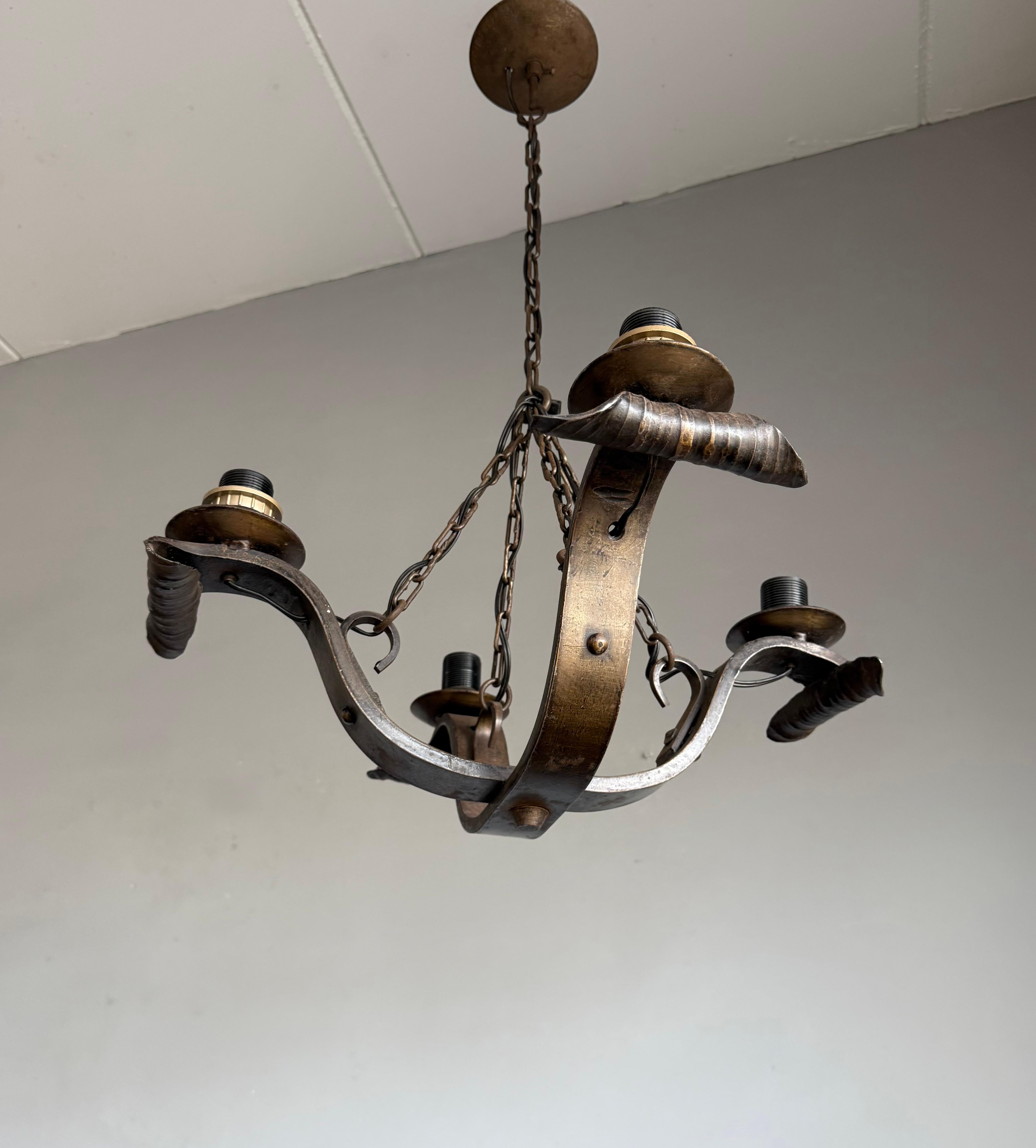 Rare Hand-Forged Wrought Iron 4-Light Chandelier with Sculptural Curl Detailing For Sale 10