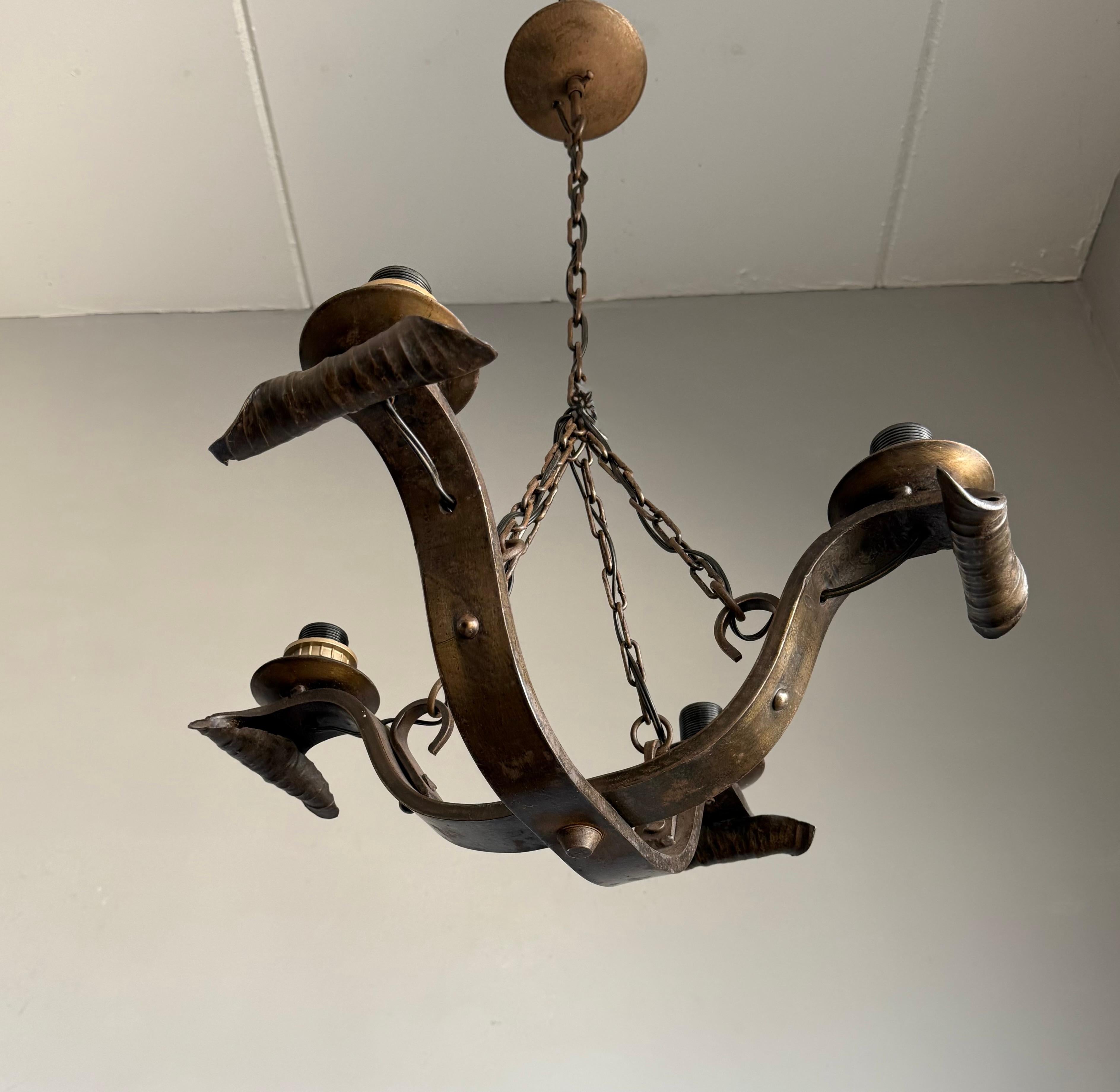 Rare Hand-Forged Wrought Iron 4-Light Chandelier with Sculptural Curl Detailing For Sale 11