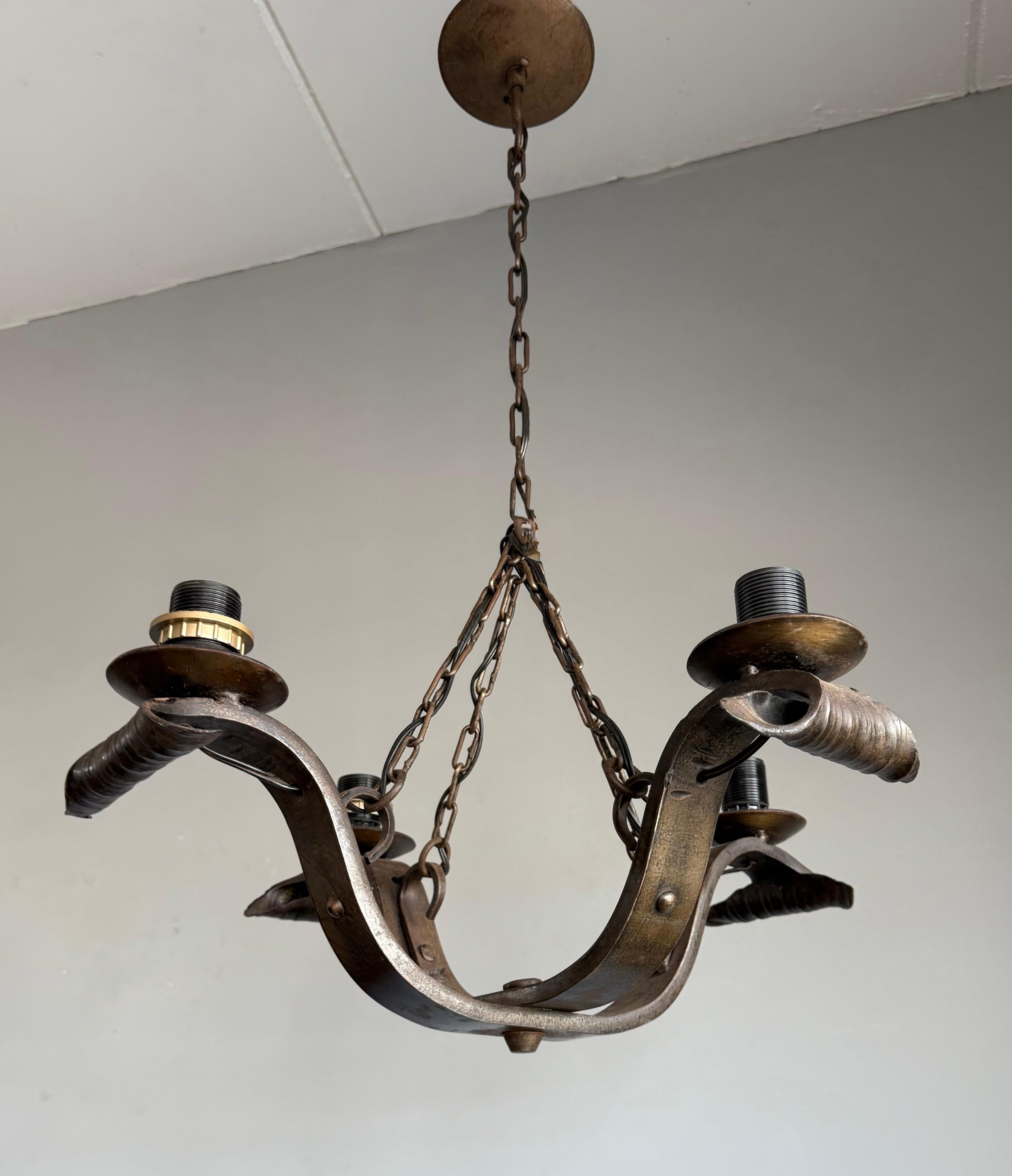 Rare Hand-Forged Wrought Iron 4-Light Chandelier with Sculptural Curl Detailing For Sale 12