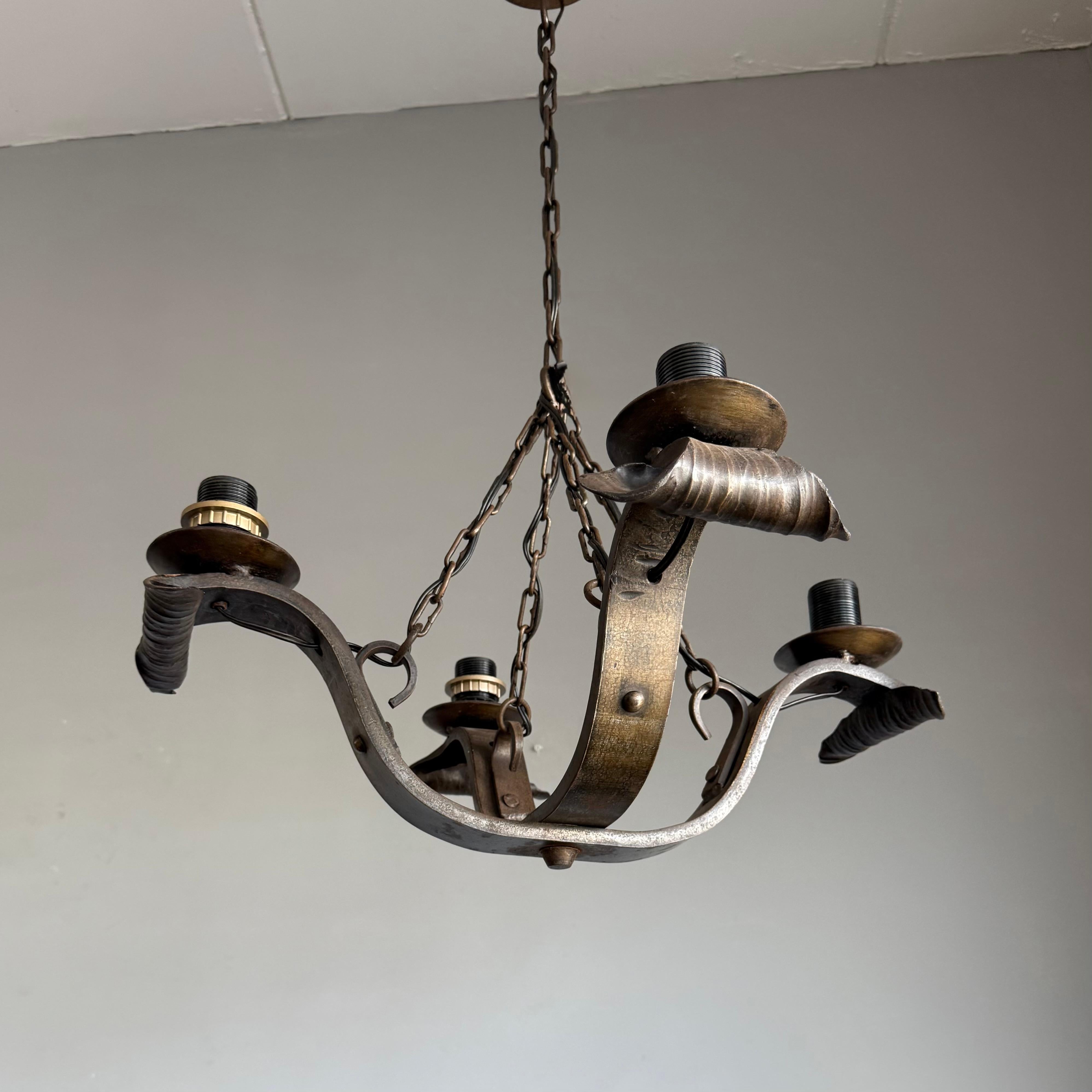 Rare Hand-Forged Wrought Iron 4-Light Chandelier with Sculptural Curl Detailing For Sale 13