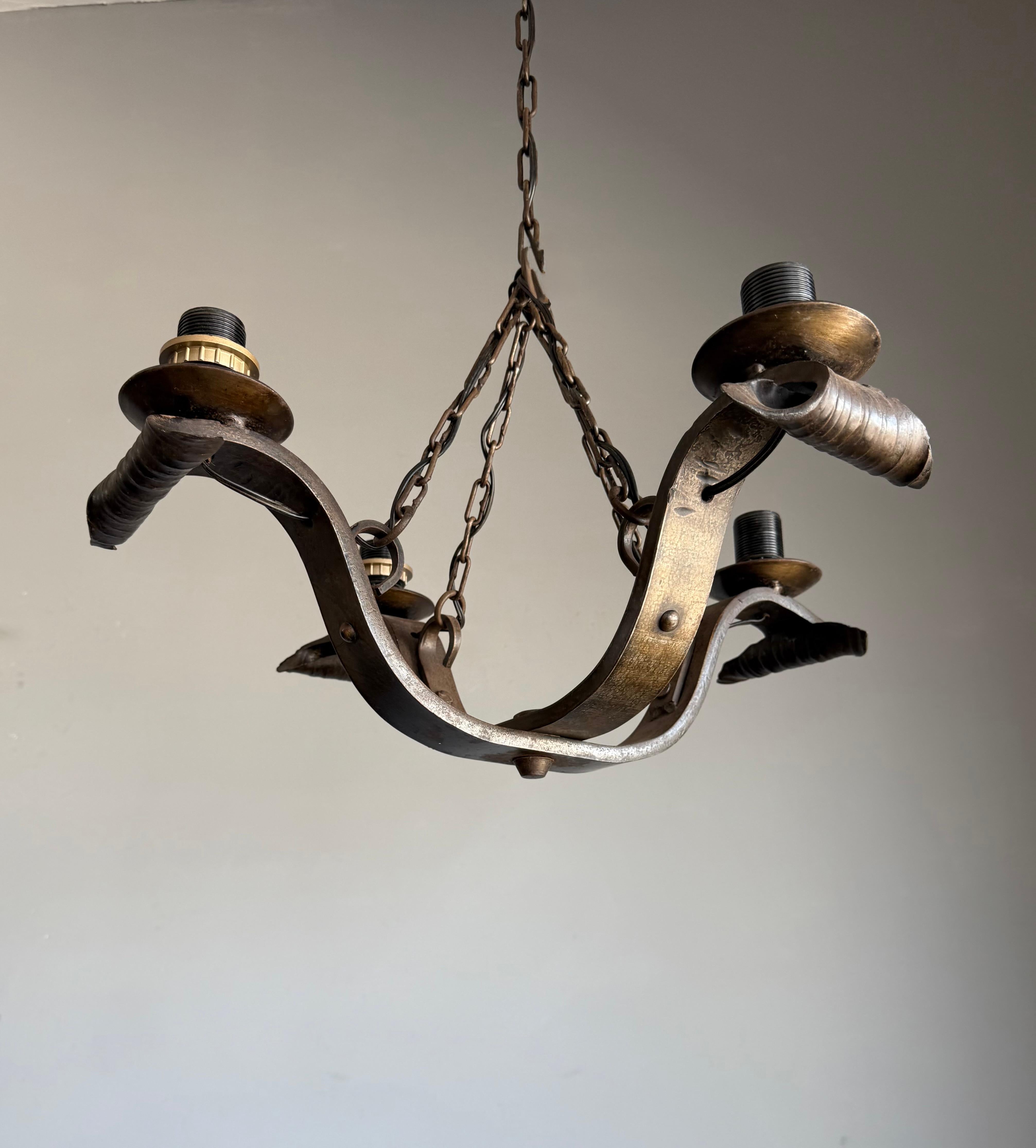 Mid-Century Modern Rare Hand-Forged Wrought Iron 4-Light Chandelier with Sculptural Curl Detailing For Sale