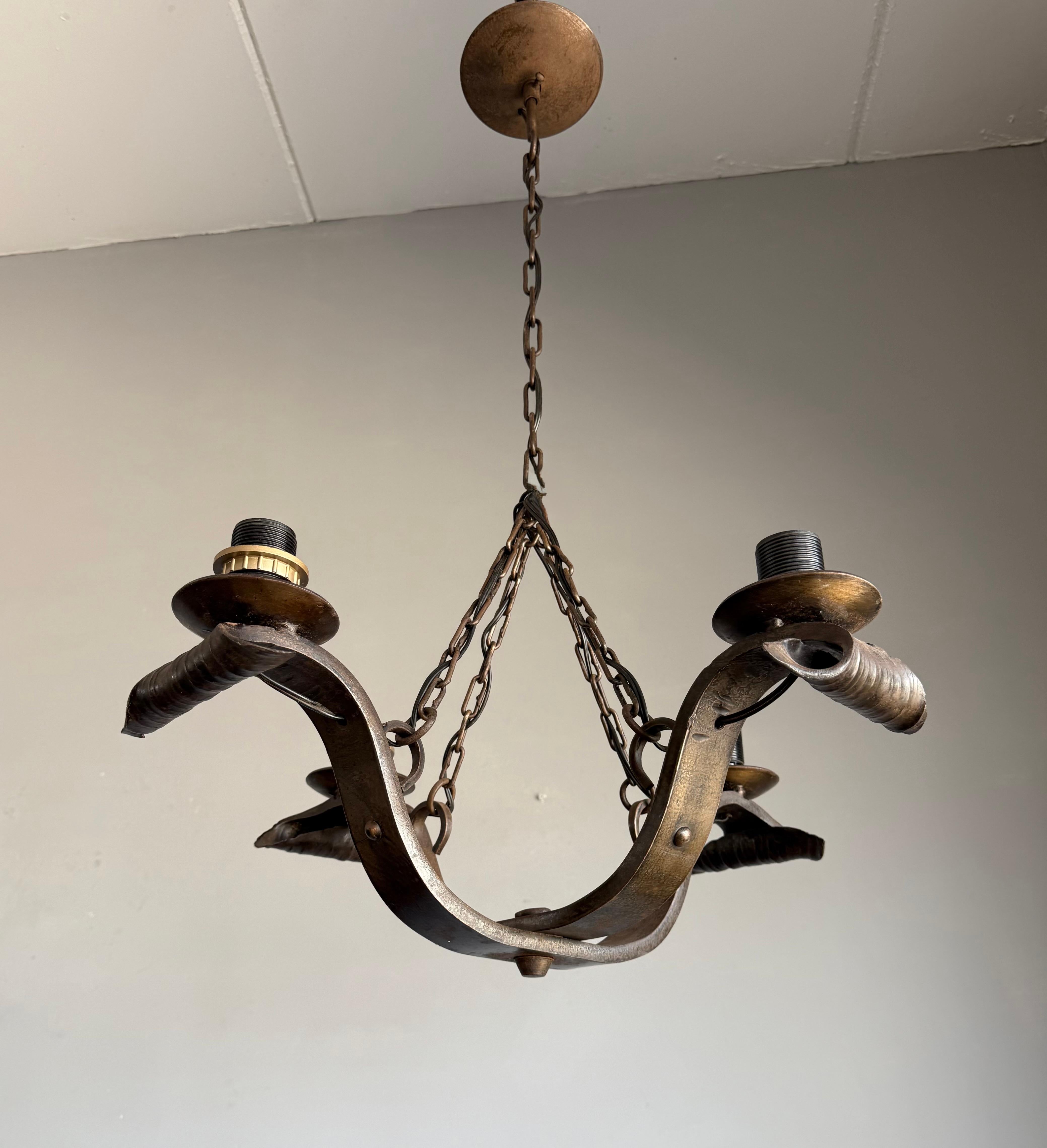 Dutch Rare Hand-Forged Wrought Iron 4-Light Chandelier with Sculptural Curl Detailing For Sale