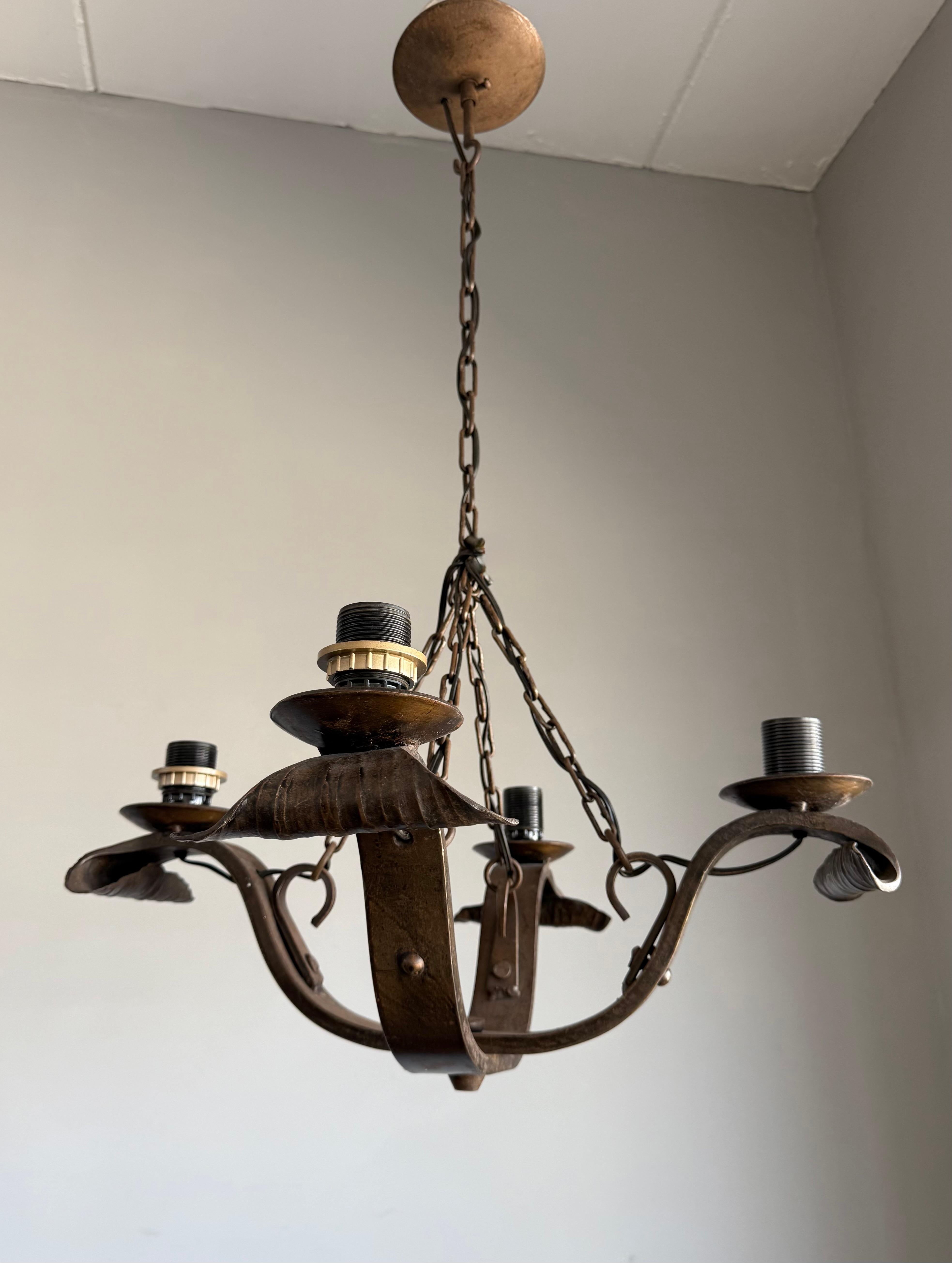 20th Century Rare Hand-Forged Wrought Iron 4-Light Chandelier with Sculptural Curl Detailing For Sale
