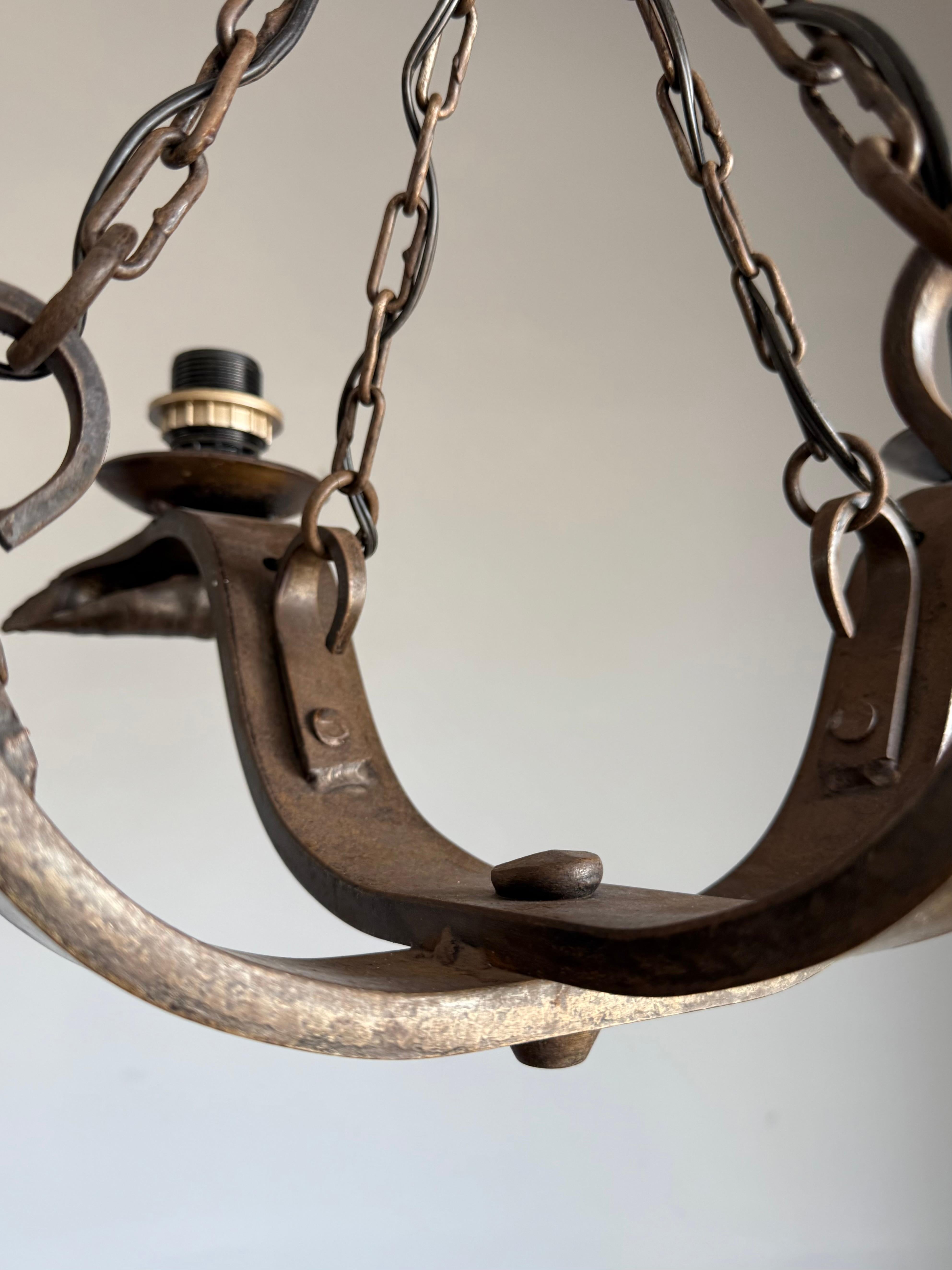 Rare Hand-Forged Wrought Iron 4-Light Chandelier with Sculptural Curl Detailing For Sale 1
