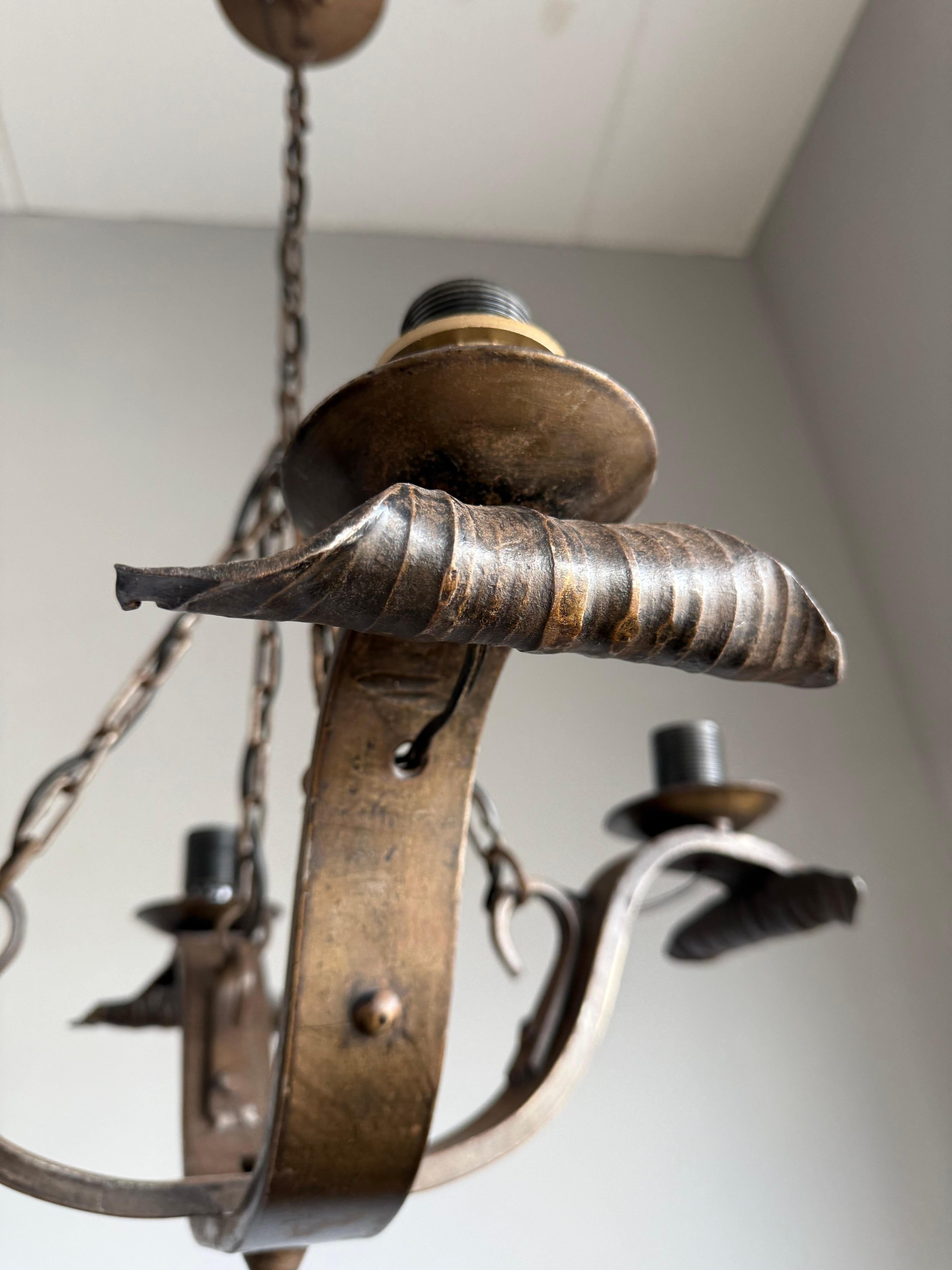 Rare Hand-Forged Wrought Iron 4-Light Chandelier with Sculptural Curl Detailing For Sale 2