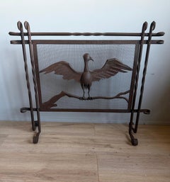 Rare Hand-Forged Wrought Iron Firescreen with Stylized Spreading-Wing Bird Motif