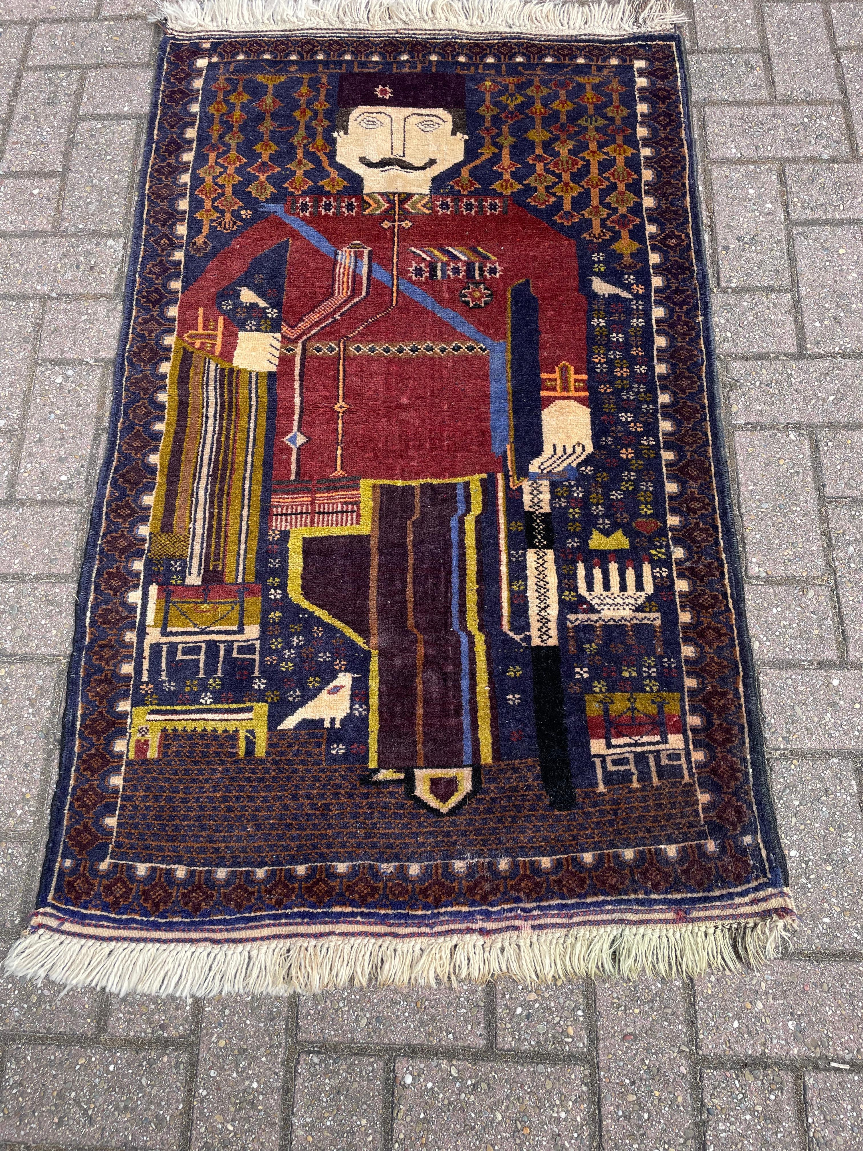Wool Rare Hand-Knotted War Rug Depicting Reign & King Amanullah Khan 1919 Afghanistan For Sale