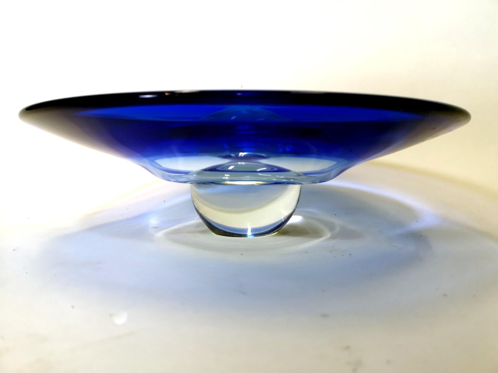 Handmade blue crystal bowl with a crystal sphere stand, 1960s.