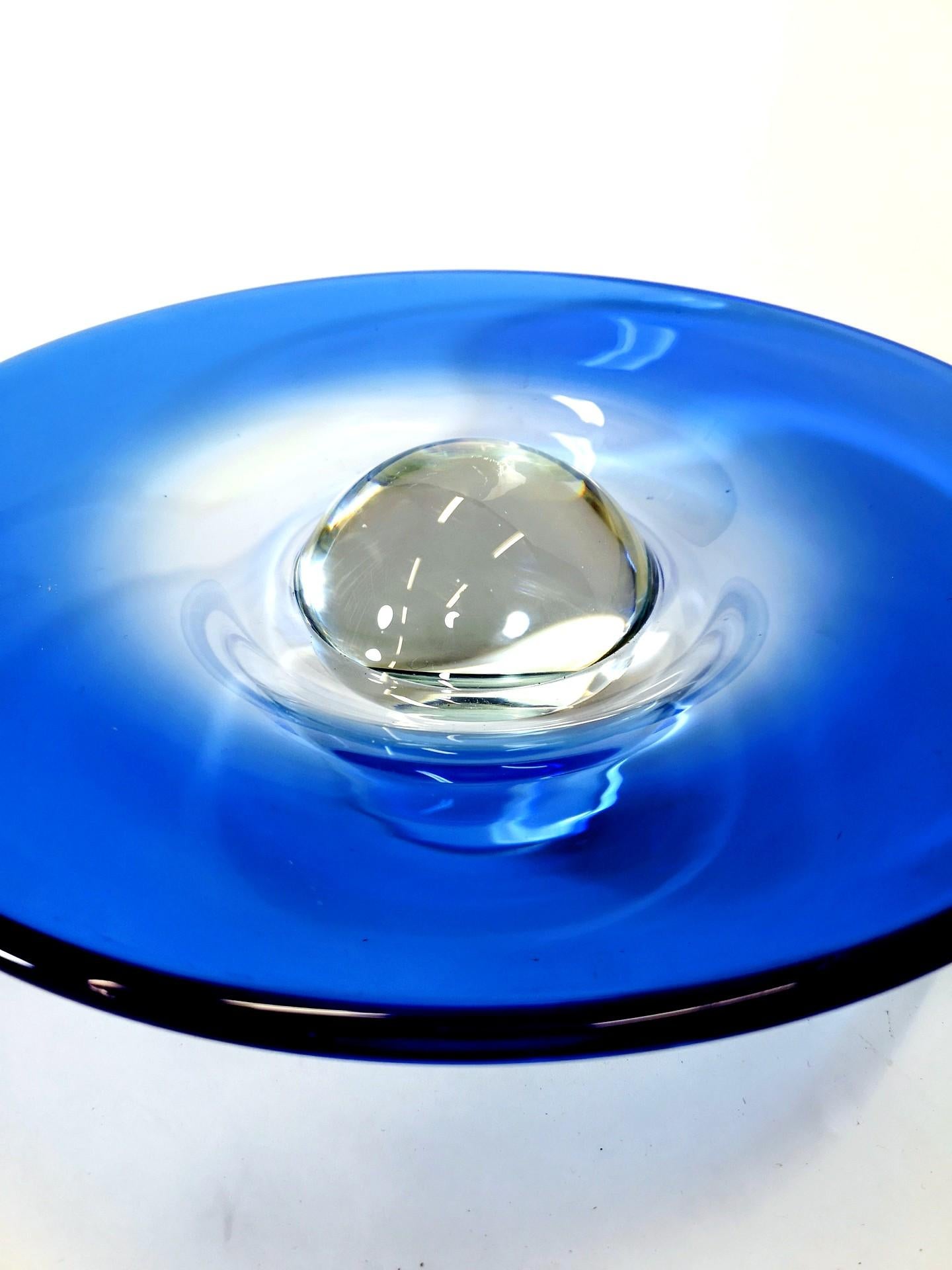 Mid-Century Modern Rare Handmade Blue Crystal Bowl with a Crystal Sphere Stand, 1960s