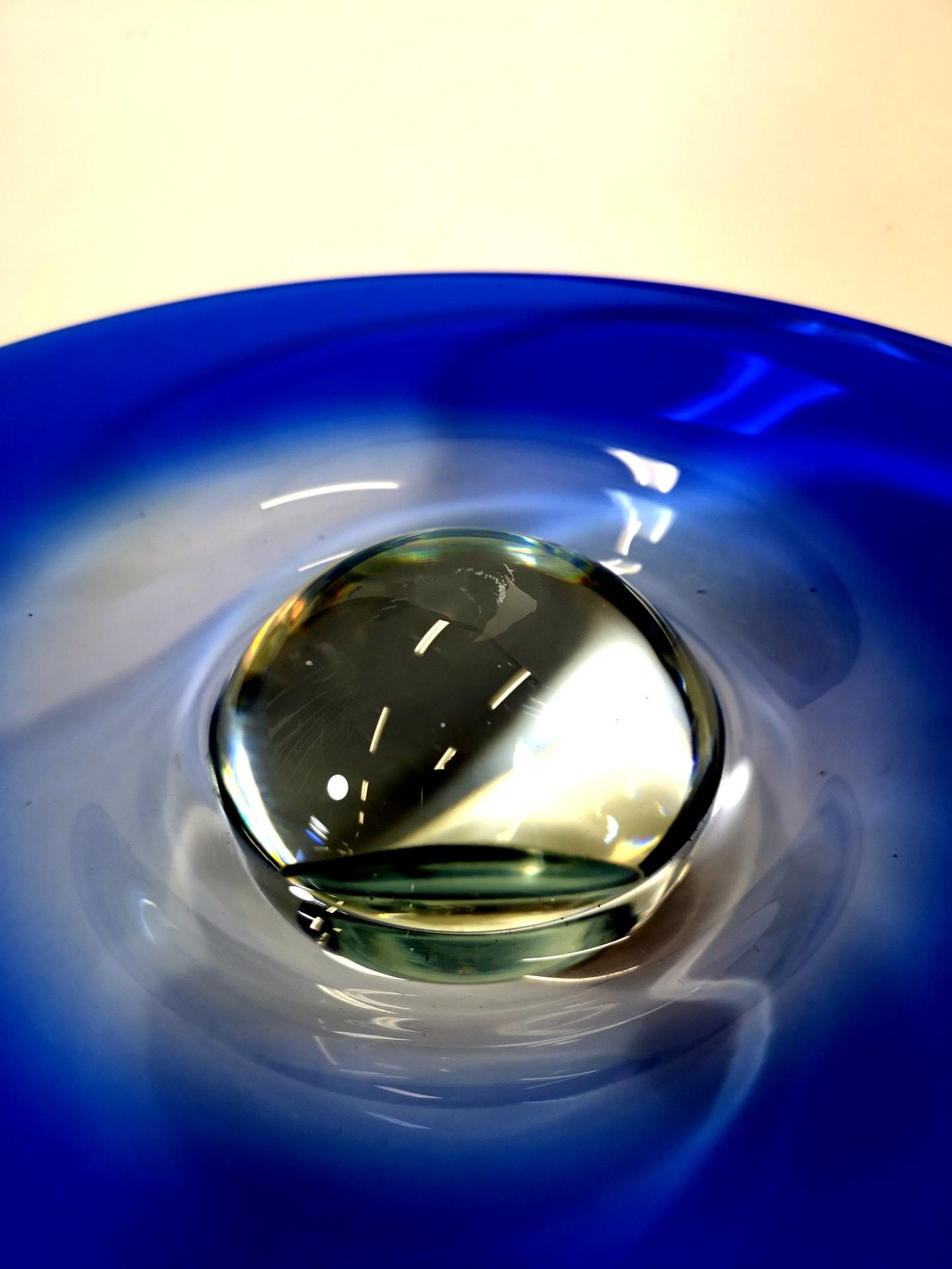 European Rare Handmade Blue Crystal Bowl with a Crystal Sphere Stand, 1960s