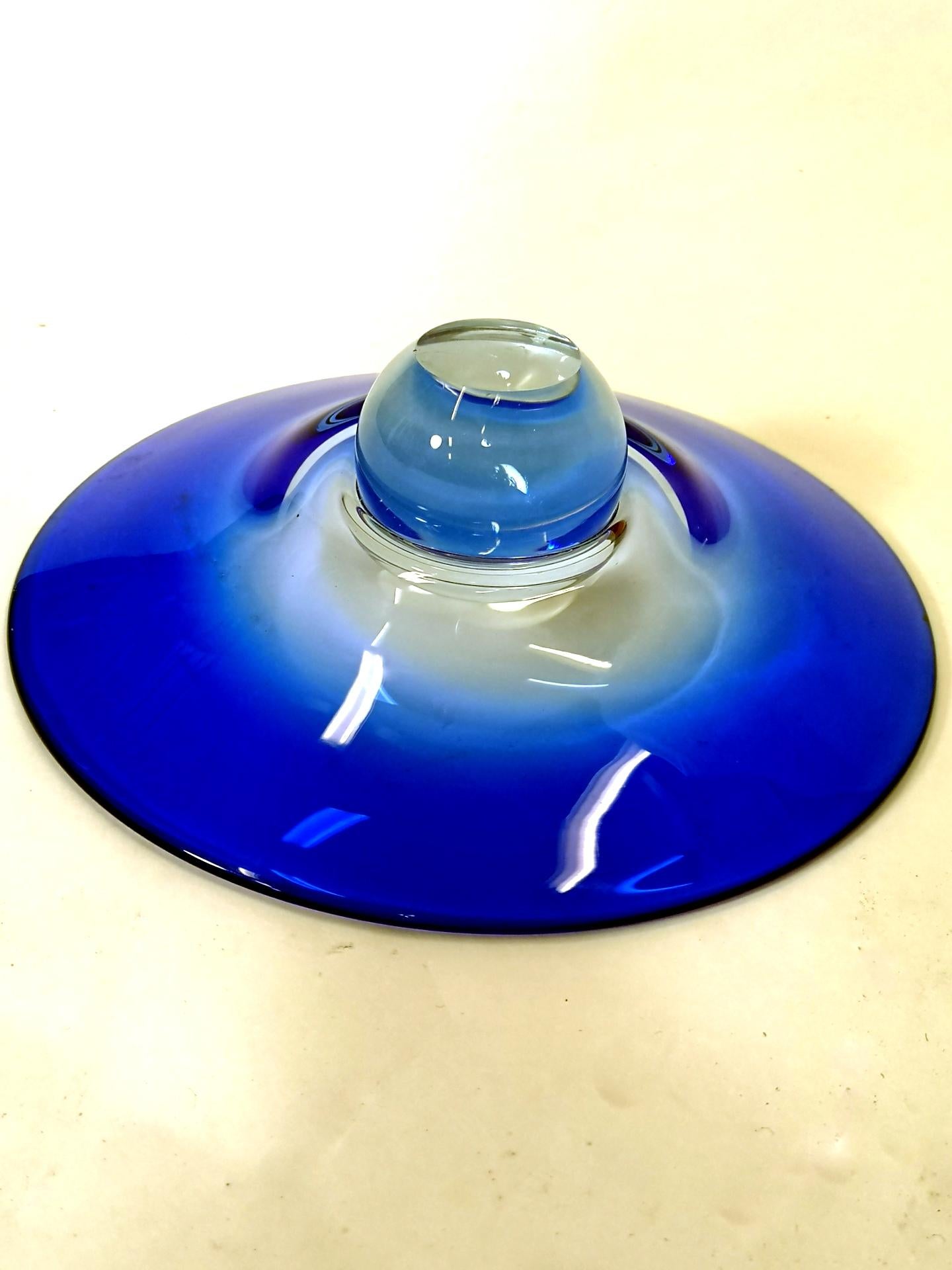 Mid-20th Century Rare Handmade Blue Crystal Bowl with a Crystal Sphere Stand, 1960s