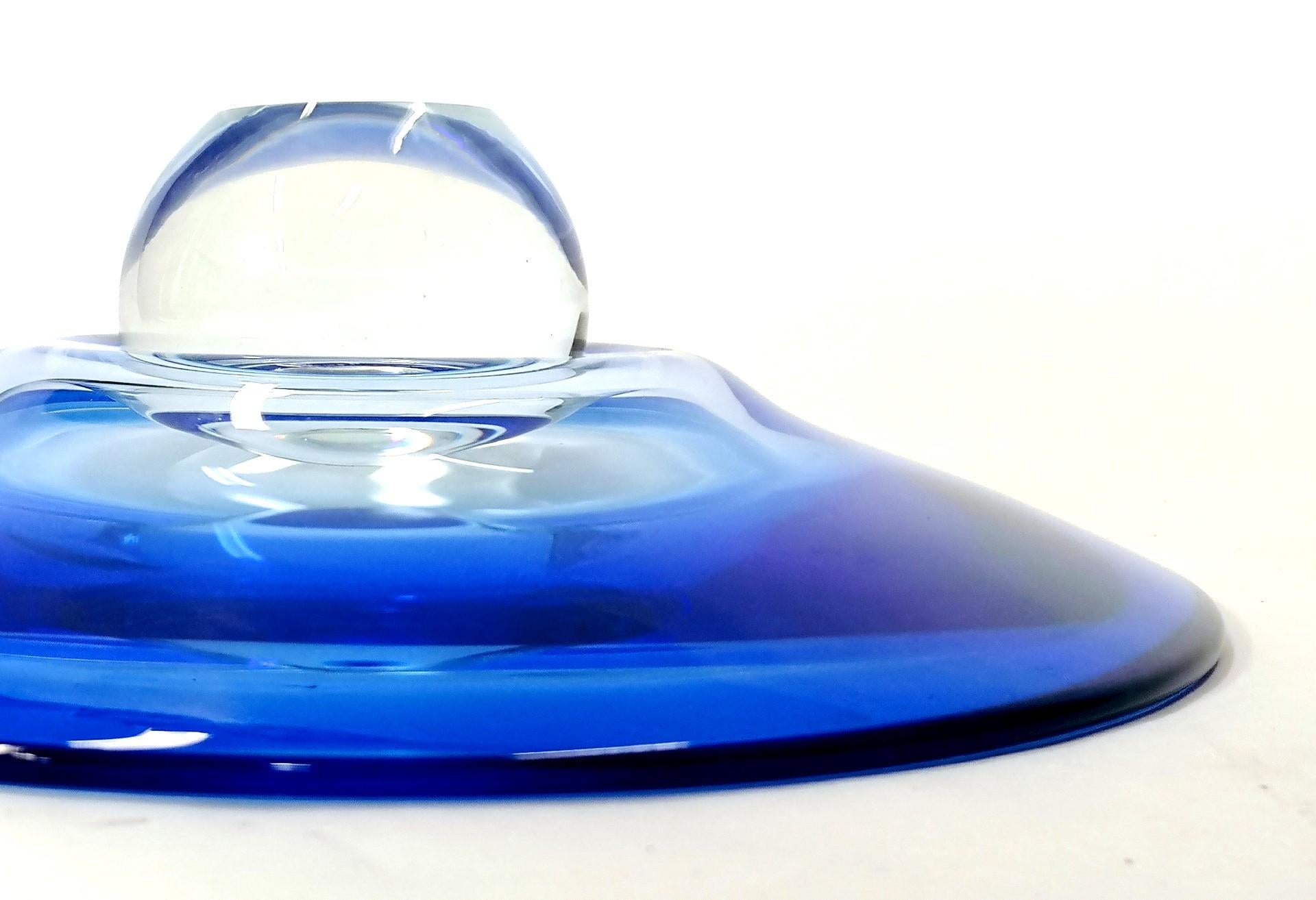 Rare Handmade Blue Crystal Bowl with a Crystal Sphere Stand, 1960s 1