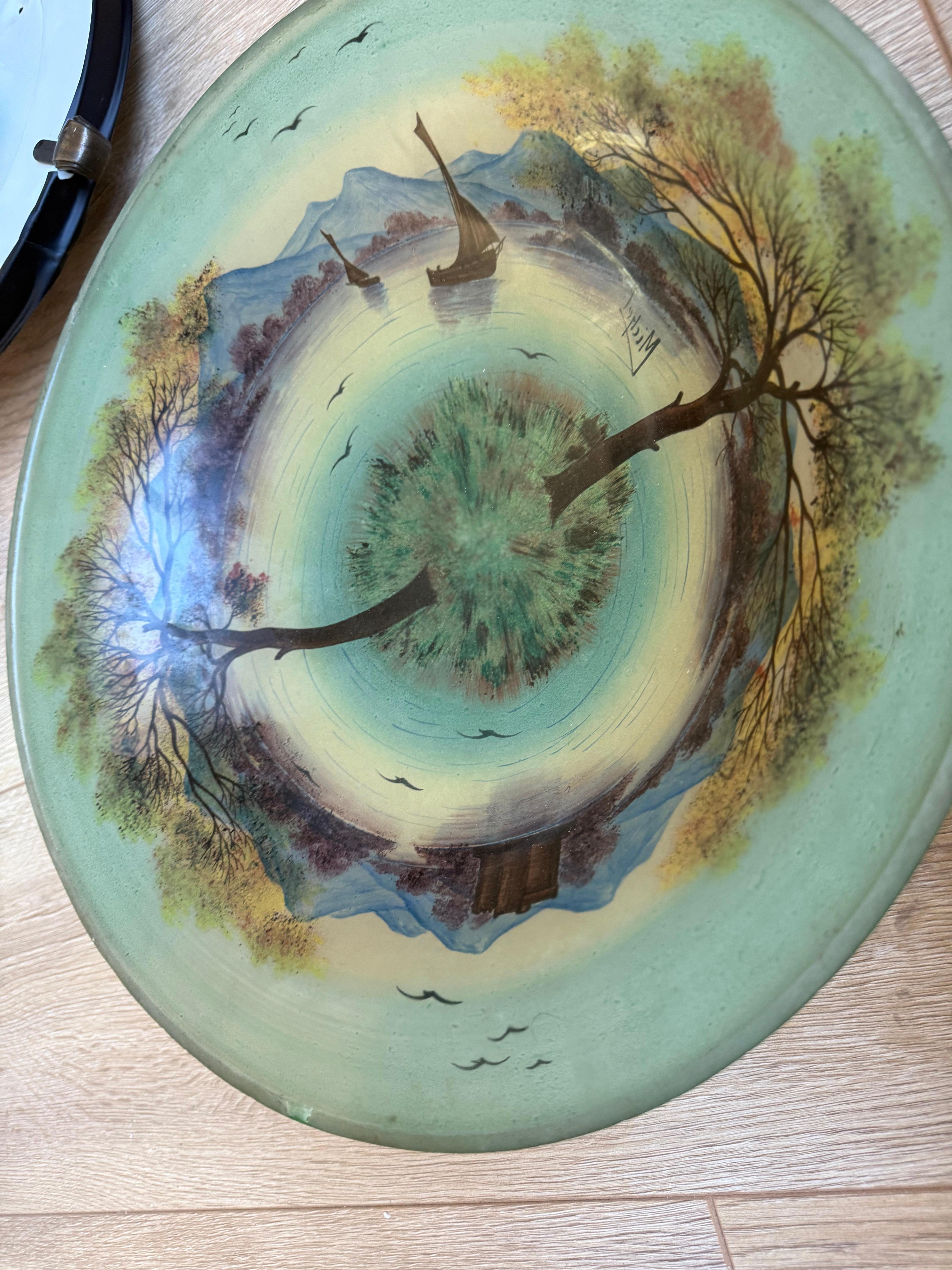 Rare Hand Painted Arts and Crafts Mountain Lake Scene Glass Flush Mount, Signed For Sale 3