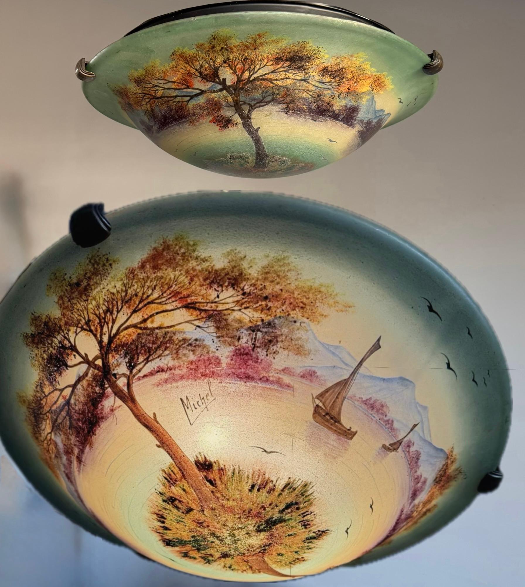 Rare Hand Painted Arts and Crafts Mountain Lake Scene Glass Flush Mount, Signed For Sale 4